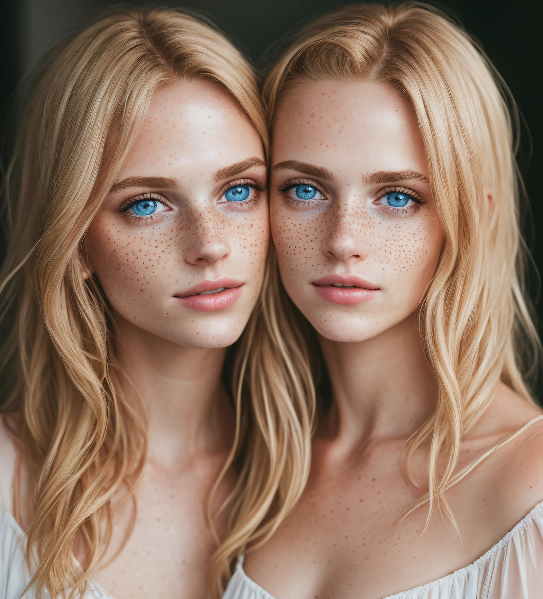 masterpiece, high resolution:1.4, 2girls, angel, skin pores texture, Hair blonde, HD, Photography, movie, cinematic, full Body, (8k, RAW photo, best quality, masterpiece:1.2), (realistic, photo-realistic:1.3), best quality, detailed blue eyes, cute, natural lighting, depth of field, film grain, sharp, detailed and realistic portrait of two women cuddling, freckles:0.3, chapped lips, soft natural lighting, magical photography, dramatic lighting, photo realism, ultra-detailed, Leica 50mm, f1. 4