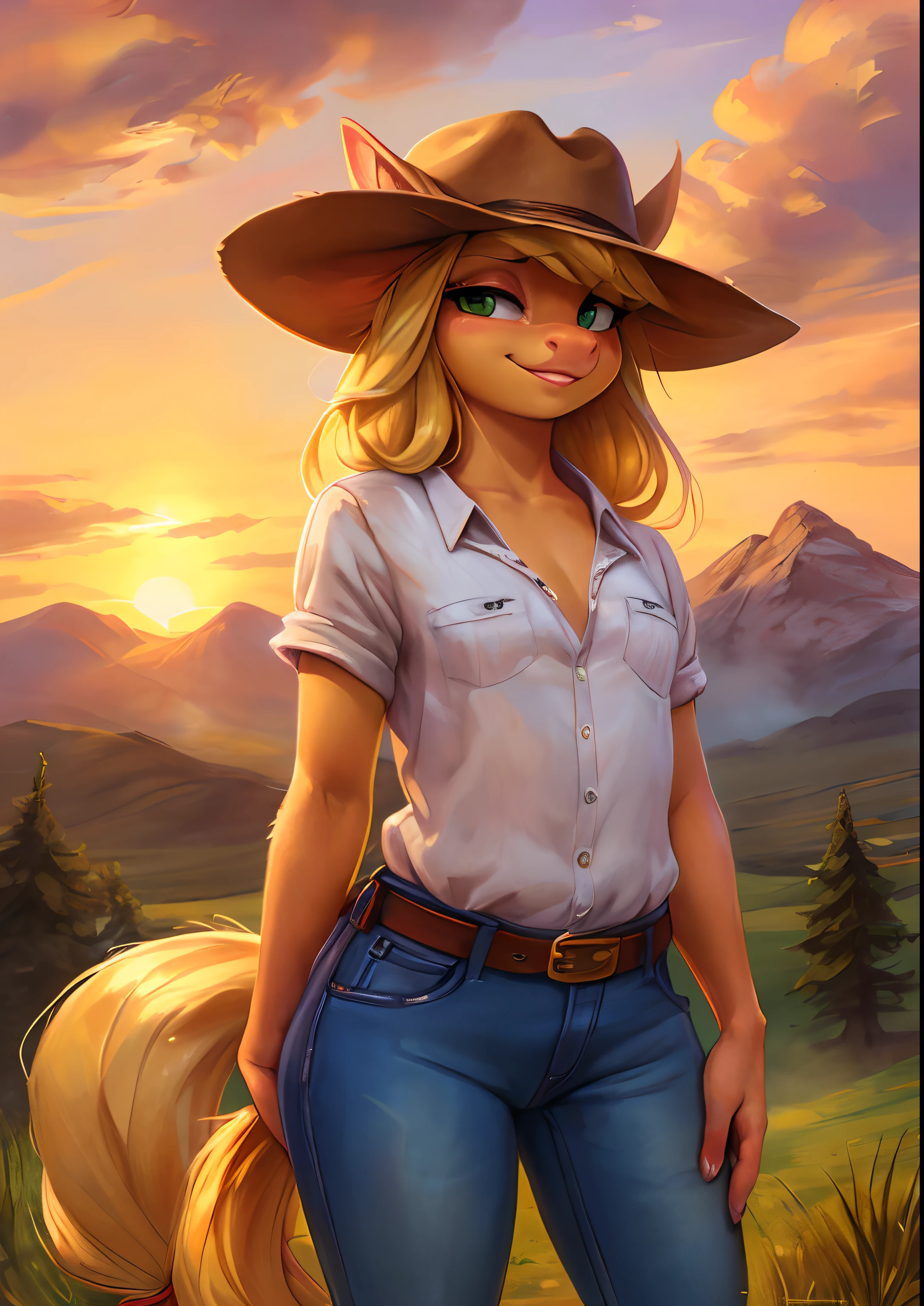 uploaded on e621, ((by Ulitochka, by Levelviolet, by Kenket, by Buta99)),
solo feral (((pony applejack \(mlp\)))) with ((yellow body)) and (long gold hair) and (clear green eyes),
(wear cowboy hat, brown belt, blue jeans, brown pack),
(detailed fluffy fur), (looking at viewer, three-quarter portrait:1.2),
BREAK,
((standing at farmland with grass, summer day)), (fog, mist, cloud, sunset, tree, mountain),
(detailed background, depth of field, half body shadow, sunlight, ambient light on the body),
(intricate:1), (high detail:1.25), (unreal engine:1.25), (soft focus:1.25), (masterpiece, best quality, 4k, 2k, shaded, absurd res) nsfw, realistic nipple, flat chest, , loli short muzzle