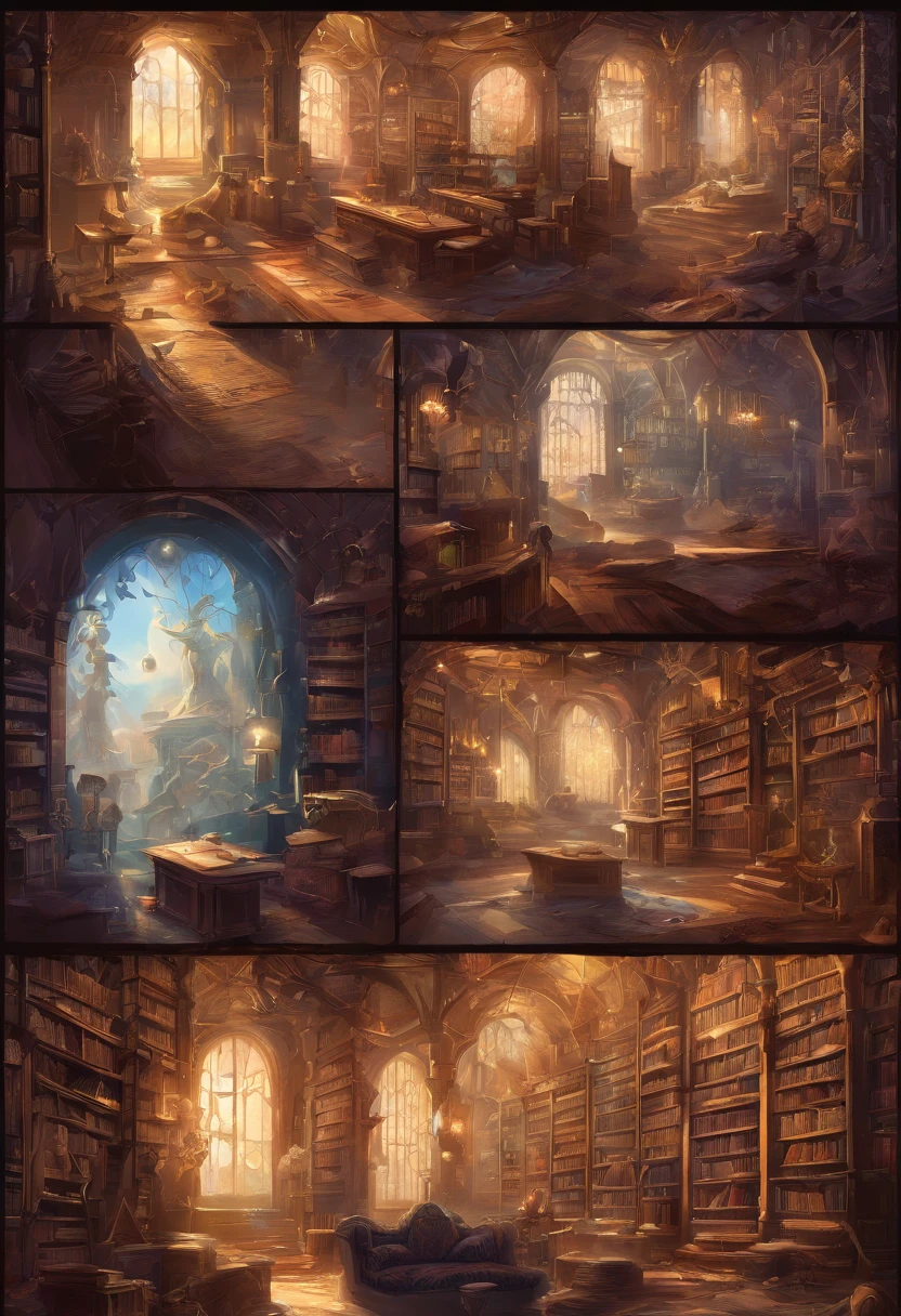 (Inside Enchanted Magical Library, A beautiful librarian, sexy, quiet—a figure draped in an enigmatic cloak,Large beautiful Library with shimmering, glowing books, Magical, sparkling walls,fantasy,Leonora Carrington,a fantasy moonlight filtering through,Rich in color,assignment,light and shadow effect,k hd,tmasterpiece,Detailed details,depth of fields