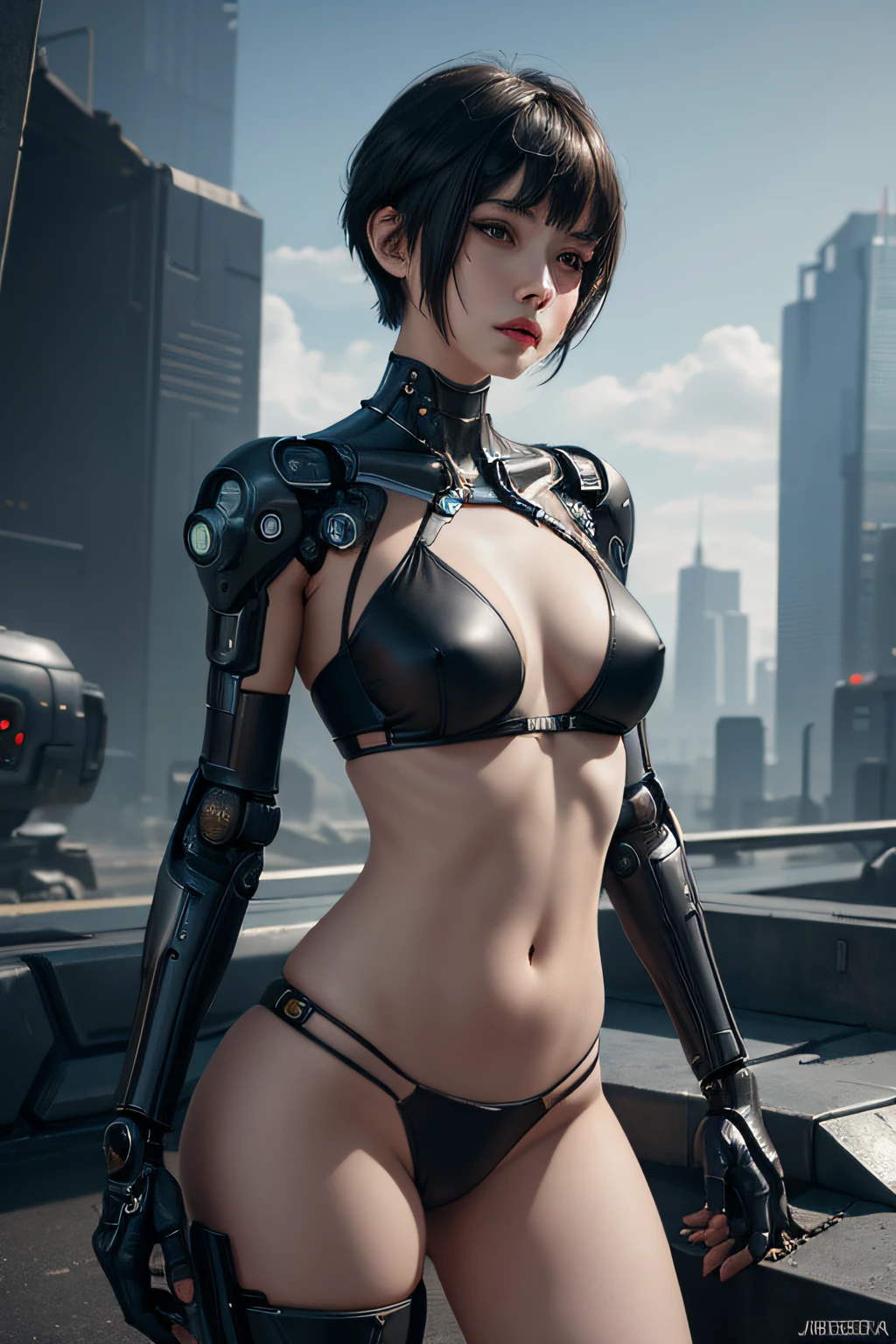 Realistic quality art, Beautiful woman, Half human, half robot, landscape, Cyberpunk, Short hair, Bangs, So gorgeous, No bra, NSFW image