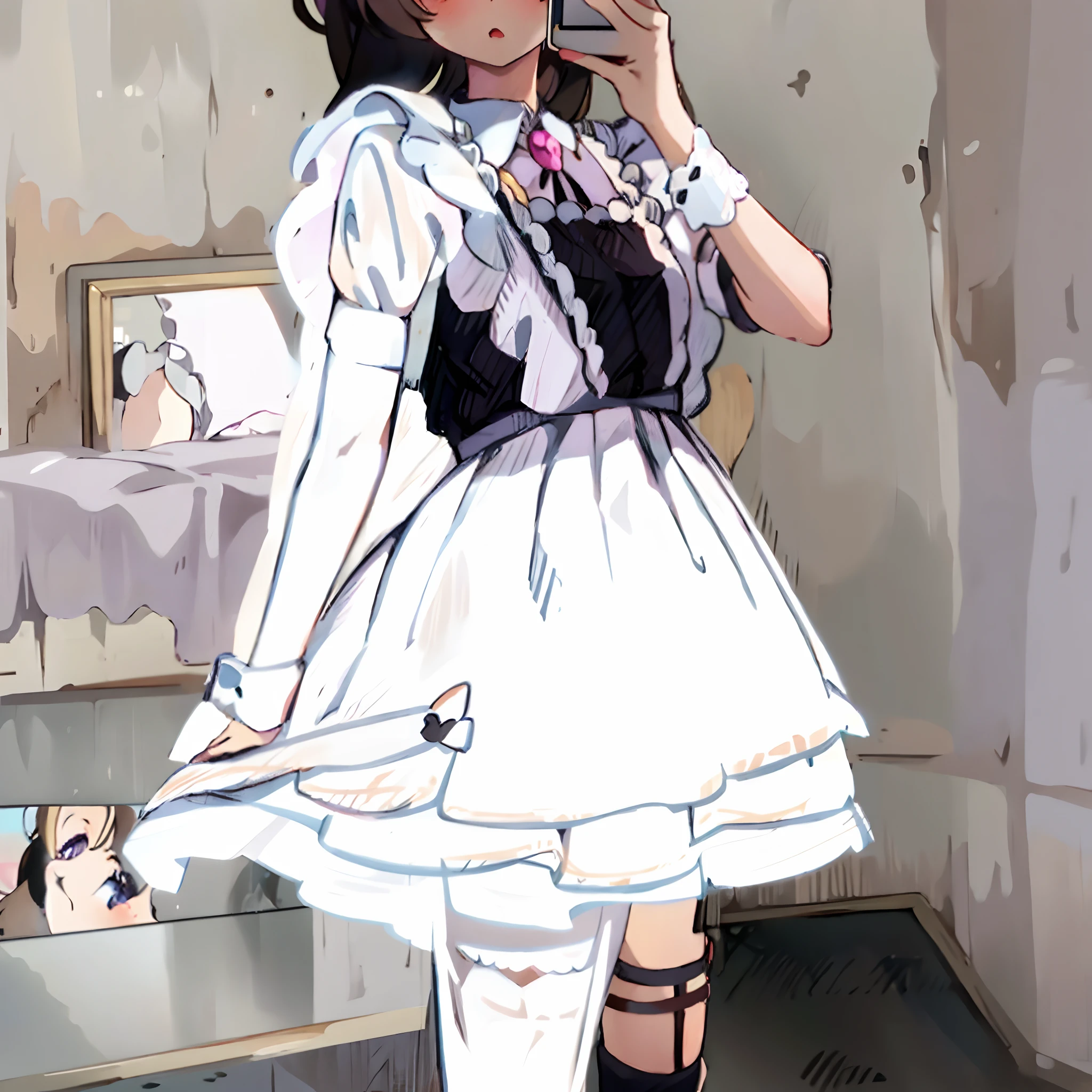 there is a woman taking a picture of herself in a mirror, cosplay of a catboy! maid! dress, anime girl in a maid costume, full body picture, loli in dress, maid outfit, anime styled, style of magical girl, cute anime waifu in a nice dress, anime stile, lolita style, witchcore clothes, full body!!