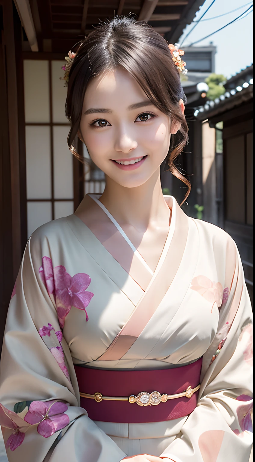 Professional Lighting,(Photorealsitic:1.4), (Top image quality:1.0), (超A high resolution:1.0), 8K, Raw photography, (masterpiece:0.2), (pureerosface_v1:0.5)、(Best Quality Detail:1.2)、realisitic、8K UHD、hight resolution、(1girl in:1.2)、The ultra-detailliert、High quality textures、intricate detailes、detaileds、Very detailed CG、High quality shadows、Detail Beautiful delicate face、Detail Beautiful delicate eyes、(Symmetrical eyes:1.2),depth of fields、Ray traching,1girl in, japanaese girl, (Natural smile:1.4),Cute, slender, Portrait of a beautiful Japan woman in kimono, Standing in an elegant posture on a street corner in Kyoto. The kimono is vivid with traditional patterns, Hair decorated with elegant and delicate kanzashi, and a gentle expression. (Kyoto's old cityscape in the background:1.4)、Soft light on a spring afternoon、Adds tranquility to the scene. Render in a realistic style with meticulous attention to detail, high resolution images.skyporn, Magic Hour, (Realistic:1.3), Finely detailed, quality, (masutepiece:1.2), (Photorealistic:1.2), (Best Quality), (Intricate details), Dramatic, Ray tracing, photograph, +Lola