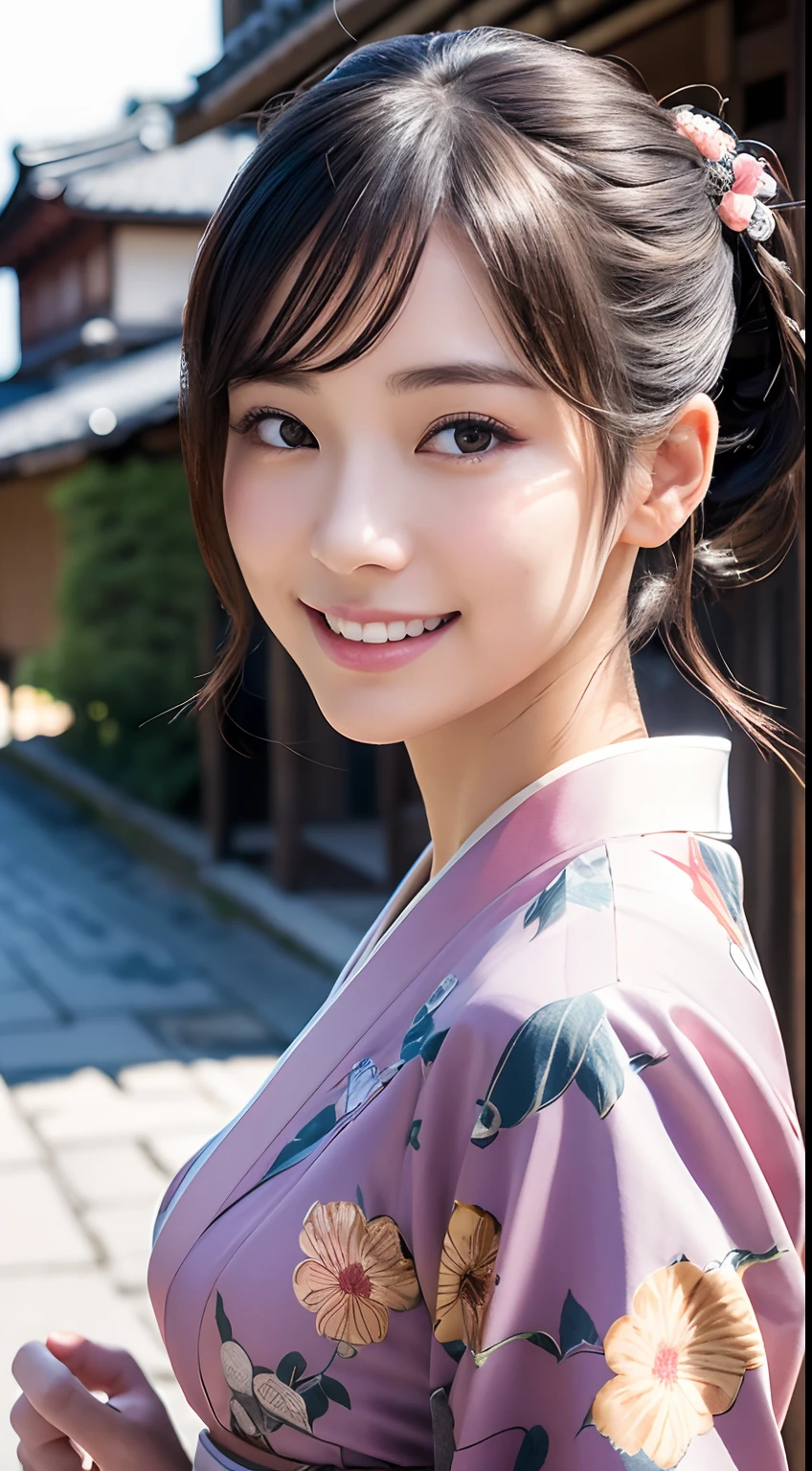 Professional Lighting,(Realistic:1.4), (Top image quality:1.0), (超A high resolution:1.0), 8k, Raw photography, (masterpiece:0.2), (Dealing with the Children_v1:0.5)、(最高quality Detail:1.2)、Realistic、8K Ultra HD、High resolution、(1 girl:1.2)、超detailedな、High quality textures、複雑なdetailed、detailed、Very detailed CG、High quality shadows、detailed 美しく繊細な顔、Beautiful details and a delicate eye、(Symmetrical eyes:1.2),Written boundary depth、Ray Tracing,1 girl, Japanese Girls, (Natural smile:1.4),cute, thin, Portrait of a beautiful Japanese woman in a kimono, Standing elegantly on a street corner in Kyoto. Kimono with vibrant traditional patterns, Hair decorated with elegant and delicate hairpins, Gentle expression. (With the old streets of Kyoto in the background:1.4)、The soft light of a spring afternoon、Adding tranquility to the scene. Rendered in a Realistic style with great attention to detail, High resolutionの画像.Sky Porn, Magic Hour, (Realistic:1.3), finely, quality, (Tabletop:1.2), (Realistic:1.2), (最高quality), (複雑なdetailed), dramatic, Ray Tracing, photograph, +roller