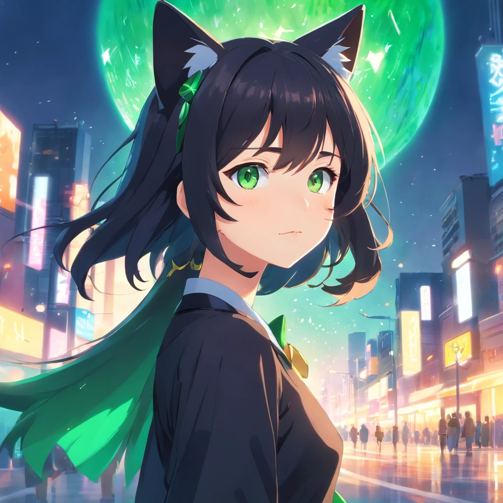 (best quality,ultra-detailed:1.2), green eyes, long black hair, black dress, solo pose, neko style, sparkling background, dreamy lighting, vibrant colors, soft pastel tones, has cat ears, wearing collar with bell on it