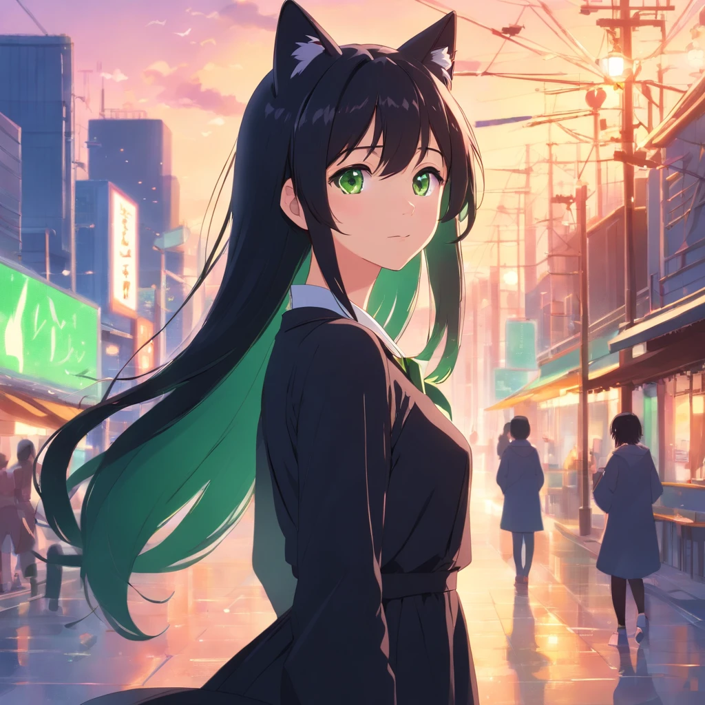 (best quality,ultra-detailed:1.2), green eyes, long black hair, black dress, solo pose, neko style, sparkling background, dreamy lighting, vibrant colors, soft pastel tones, has cat ears, wearing collar with bell on it