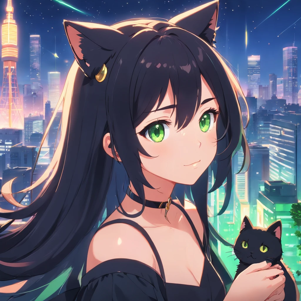 (best quality,ultra-detailed:1.2), green eyes, long black hair, black dress, solo pose, neko style, sparkling background, dreamy lighting, vibrant colors, soft pastel tones, has cat ears, wearing collar with bell on it