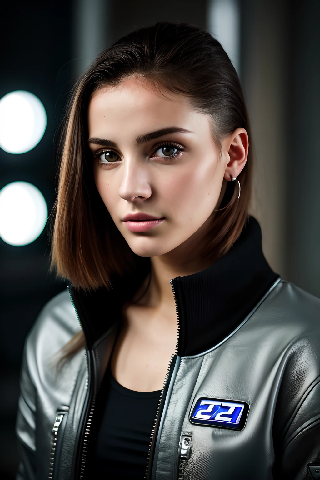 "Obra maestra, ultra-high-resolution, (fotorrealista:1.4), Foto RAW, Casual portrait of a 21-year-old girl, con orejas perforadas, con una chaqueta de cuero, Cuerpo compacto, en un cyberpunk/sci-fi settings, mostrando detalles refinados."