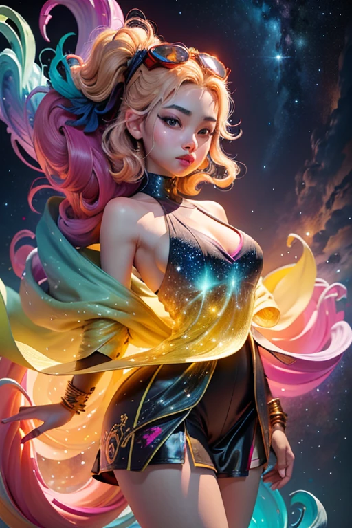 Girl standing in the clouds staring up as the stars, stars floating around her, brilliant colors, amazing swirls of cosmic dust, colorful vibrant, light particles, Create digital artwork in the Pop Art style, Featuring a vibrant and confident young Asian girl，street fashion (breast), Movie color scheme, Surrounded by vintage flower motifs, Vibrant brushstrokes,Emotions should be dynamic, Upper body, Drawing, illustration, escala cinza, tropical, Many flowers,