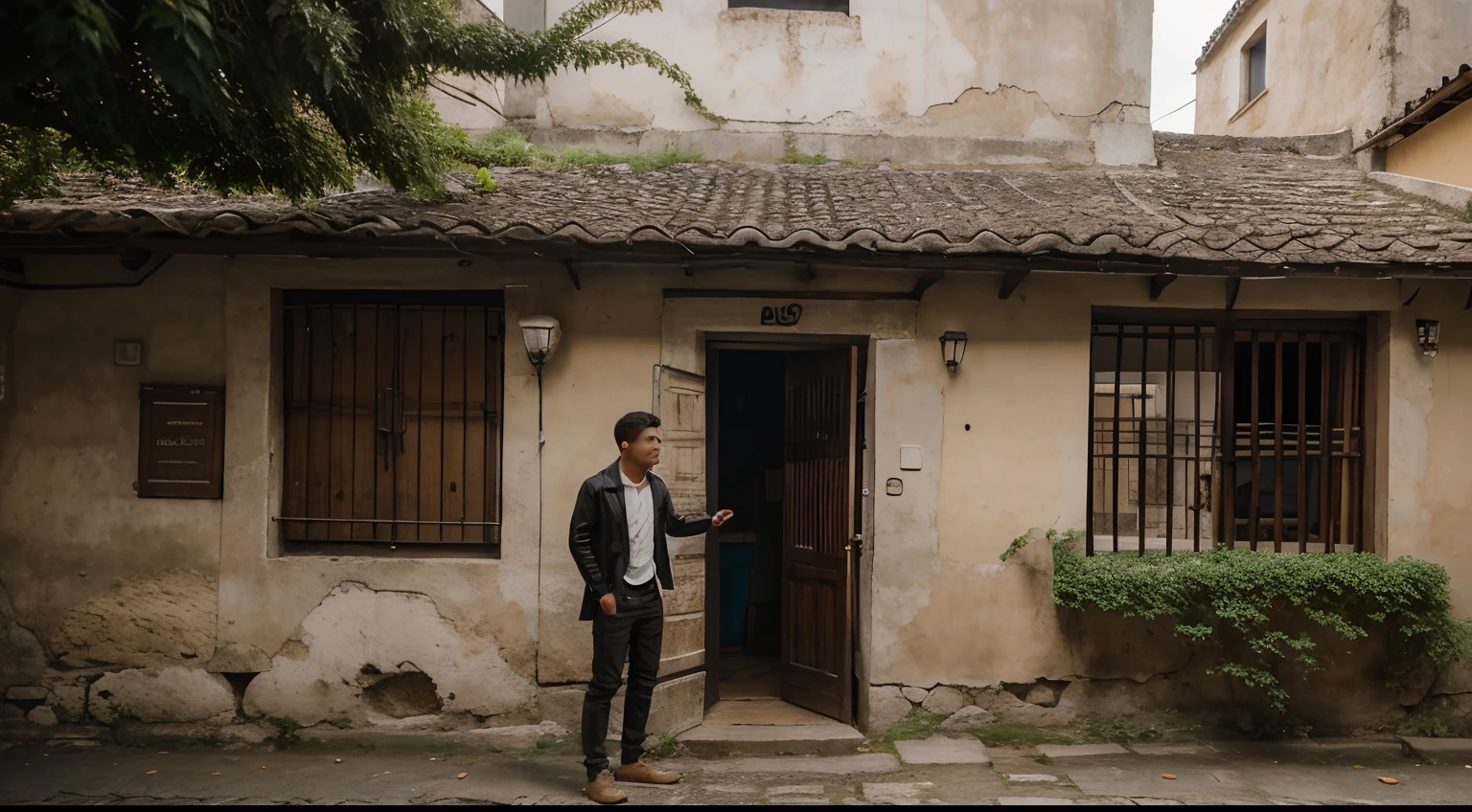 A 20-year-old finds himself in the heart of an ancient village. The cobblestone streets are lined with houses of historic architecture, And the atmosphere is steeped in history and mystery. The young man is dressed casually, mas seu olhar curioso revela um profundo interesse pelo passado da vila. Enquanto explora, He comes across a solid wooden door, parcialmente coberta de hera, que parece levar a algum lugar misterioso.