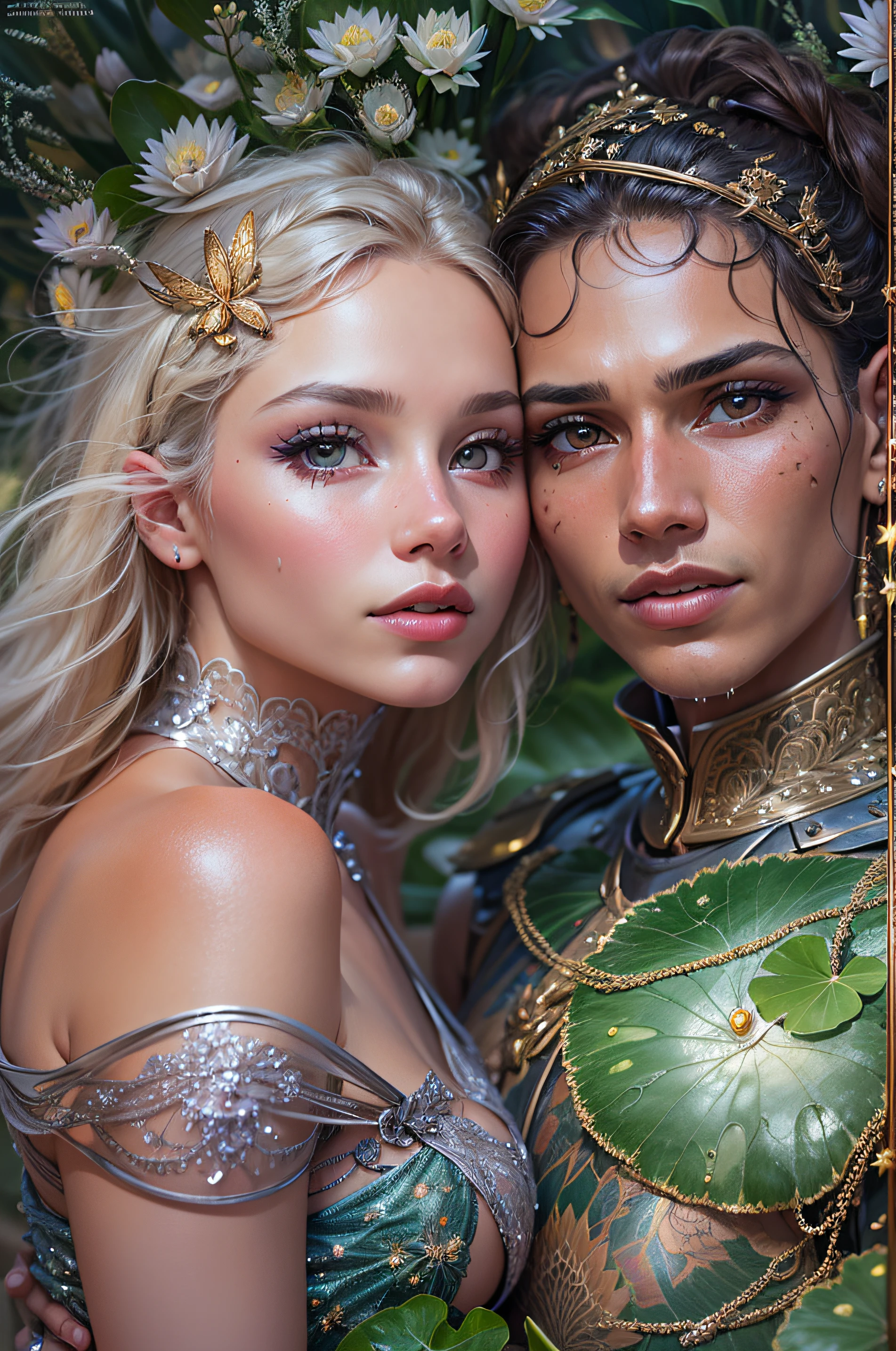 Kiss
Young Nymph, Male Knight, in river, Man in armor, Girl in a thong, hyper realisitc, real-photo, Art Nouveau, surrealism, River water lilies all around, glitter on the face, Dragonfly, Filigree, There is a scattering of glitter around, Foreshortening from above, mother-of-pearl scales, Bodypainting, tinsel+Sequins, Ethereal brilliance, Face detailing, plump wet lips, long eyelashes, soft light, hight resolution, higly detailed, 30mm lens,1/4000s, f/2.8, ISO 300, octan, photo realism
