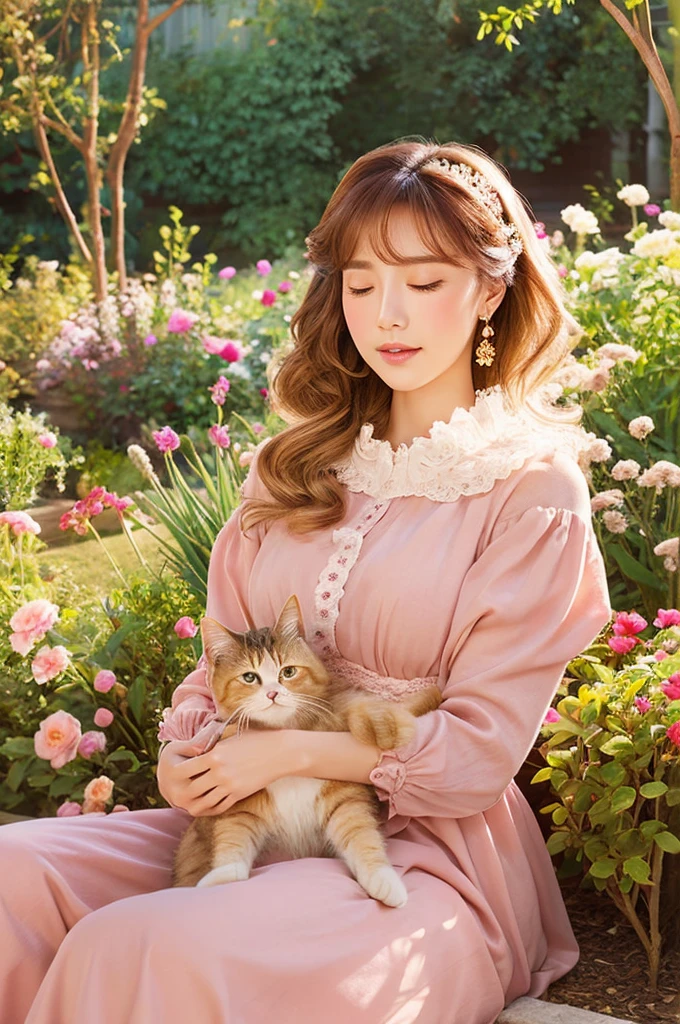 The background is a garden、femele、The color used is gold、pink there、Brown is the main color、Warm illustration style、The ends of the woman's hair are curled、Holding a brown-and-white cat