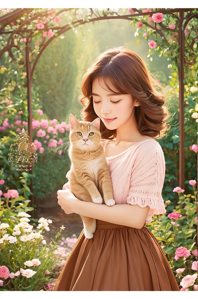The background is a garden、femele、The color used is gold、pink there、Brown is the main color、Warm illustration style、The ends of the woman's hair are curled、Holding a brown-and-white cat