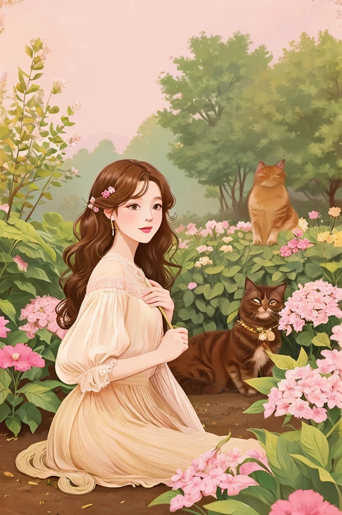 The background is a garden、femele、The color used is gold、pink there、Brown is the main color、Warm illustration style、The ends of the woman's hair are curled、Holding a brown-and-white cat