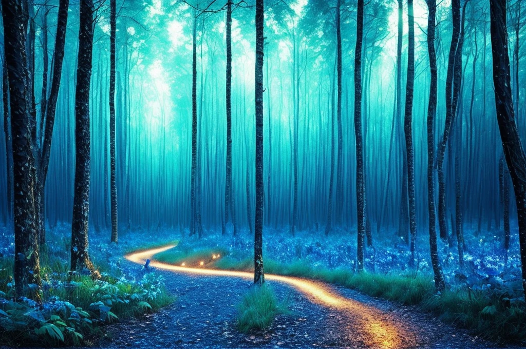 fireflies forest at night, blue tone