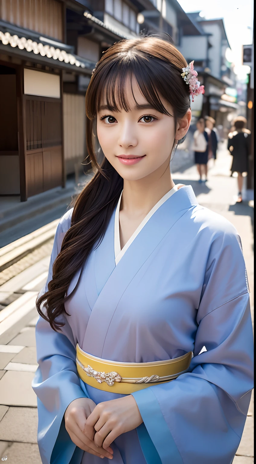 Professional Lighting,(Photorealsitic:1.4), (Top image quality:1.0), (超A high resolution:1.0), 8K, Raw photography, (masterpiece:0.2), (pureerosface_v1:0.5)、(Best Quality Detail:1.2)、realisitic、8K UHD、hight resolution、(1girl in:1.2)、The ultra-detailliert、High quality textures、intricate detailes、detaileds、Very detailed CG、High quality shadows、Detail Beautiful delicate face、Detail Beautiful delicate eyes、(Symmetrical eyes:1.2),depth of fields、Ray traching,1girl in, japanaese girl, (Natural smile:1.4),Cute, slender, Portrait of a beautiful Japan woman in kimono, Standing in an elegant posture on a street corner in Kyoto. The kimono is vivid with traditional patterns, Hair decorated with elegant and delicate kanzashi, and a gentle expression. (Kyoto's old cityscape in the background:1.4)、Soft light on a spring afternoon、Adds tranquility to the scene. Render in a realistic style with meticulous attention to detail, high resolution images.skyporn, Magic Hour, (Realistic:1.3), Finely detailed, quality, (masutepiece:1.2), (Photorealistic:1.2), (Best Quality), (Intricate details), Dramatic, Ray tracing, photograph, +Lola