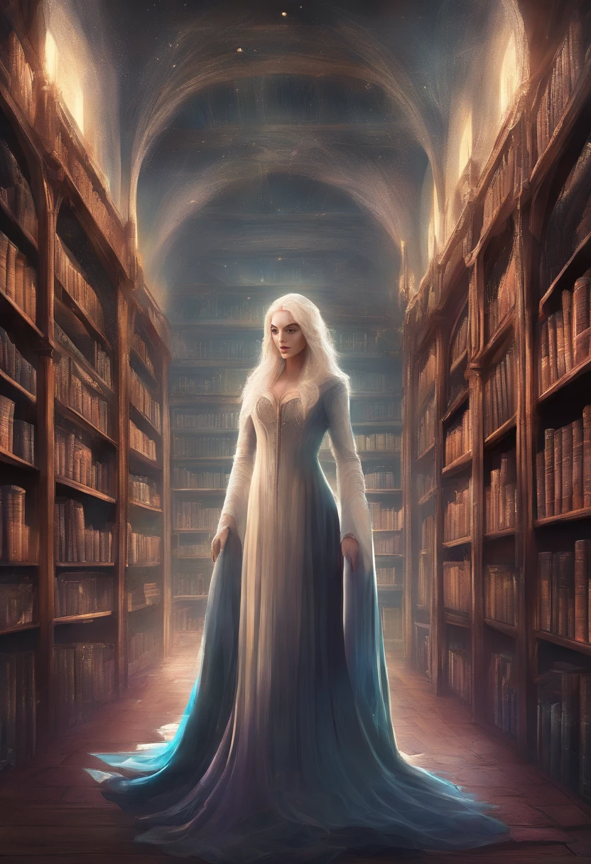 (Inside Enchanted Magical Library, A beautiful librarian, sexy, mysterious, woman, Very beautiful, perfect face, perfect eyes, looking at the camera—a figure draped in an enigmatic cloak,Large beautiful Librarian, with shimmering, glowing books, Magical, sparkling walls,fantasy,Leonora Carrington,a fantasy moonlight filtering through,Rich in color,assignment,light and shadow effect,k hd,tmasterpiece,Detailed details,depth of fields