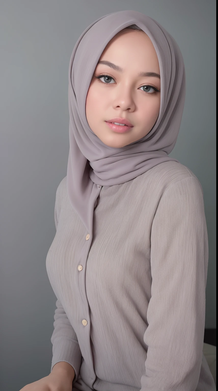 (very cute girl) , like mira filzah face, (raw photo:1.2), (()), (photorealistic:1.4), russia mix korea hyper white skin, realistic skin texture, pale skin, very detailed eyes and face, beautiful detailed eyes, turkish nose, super detailed, high resolution, very detailed, masterpiece,unified, 48k wallpaper, amazing, Fine details, masterpiece, best quality, ((Tight F cup breasts size)), straight long hair, (extra long hair : 1.5), dark brown hair, elegant hair style, light on face, cinematic lighting, 1girl, perfect body, slim abs, skinny, ((1 malay girl , beautiful face)), hyper realistic bright lighting, realistic shadow, ((wearing a twisted pajamas, purple color pajamas)), ((perfectly composition)), dynamic poses, dynamic shot angle, (All grey background)