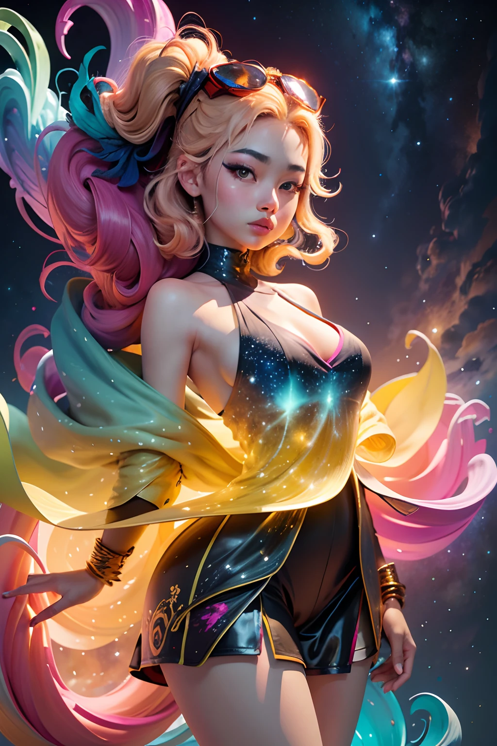 Girl standing in the clouds staring up as the stars, stars floating around her, brilliant colors, amazing swirls of cosmic dust, colorful vibrant, light particles, Create digital artwork in the Pop Art style, Featuring a vibrant and confident young Asian girl，street fashion (breast), Movie color scheme, Surrounded by vintage flower motifs, Vibrant brushstrokes,Emotions should be dynamic, Upper body, Drawing, illustration, escala cinza, tropical, Many flowers,