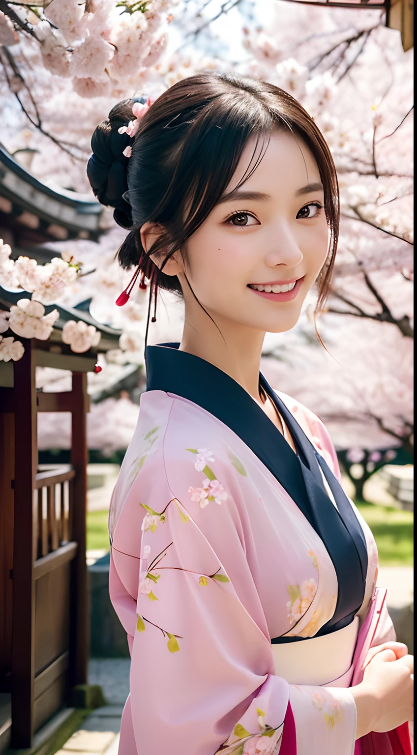 Professional Lighting,(Photorealsitic:1.4), (Top image quality:1.0), (超A high resolution:1.0), 8K, Raw photography, (masterpiece:0.2), (pureerosface_v1:0.5)、(Best Quality Detail:1.2)、realisitic、8K UHD、hight resolution、(1girl in:1.2)、The ultra-detailliert、High quality textures、intricate detailes、detaileds、Very detailed CG、High quality shadows、Detail Beautiful delicate face、Detail Beautiful delicate eyes、(Symmetrical eyes:1.2),depth of fields、Ray traching,1girl in, japanaese girl, (Natural smile:1.4),Cute, slender, Portrait of a beautiful Japan woman in kimono, Stand in a graceful posture at a traditional shrine. The kimono is vivid with traditional patterns, Hair decorated with elegant and delicate kanzashi, and a gentle expression. (Against the backdrop of a shrine with cherry blossoms in full bloom:1.4)、Soft light on a spring afternoon、Adds tranquility to the scene. Render in a realistic style with meticulous attention to detail, high resolution images.skyporn, Magic Hour, (Realistic:1.3), Finely detailed, quality, (masutepiece:1.2), (Photorealistic:1.2), (Best Quality), (Intricate details), Dramatic, Ray tracing, photograph, +Lola