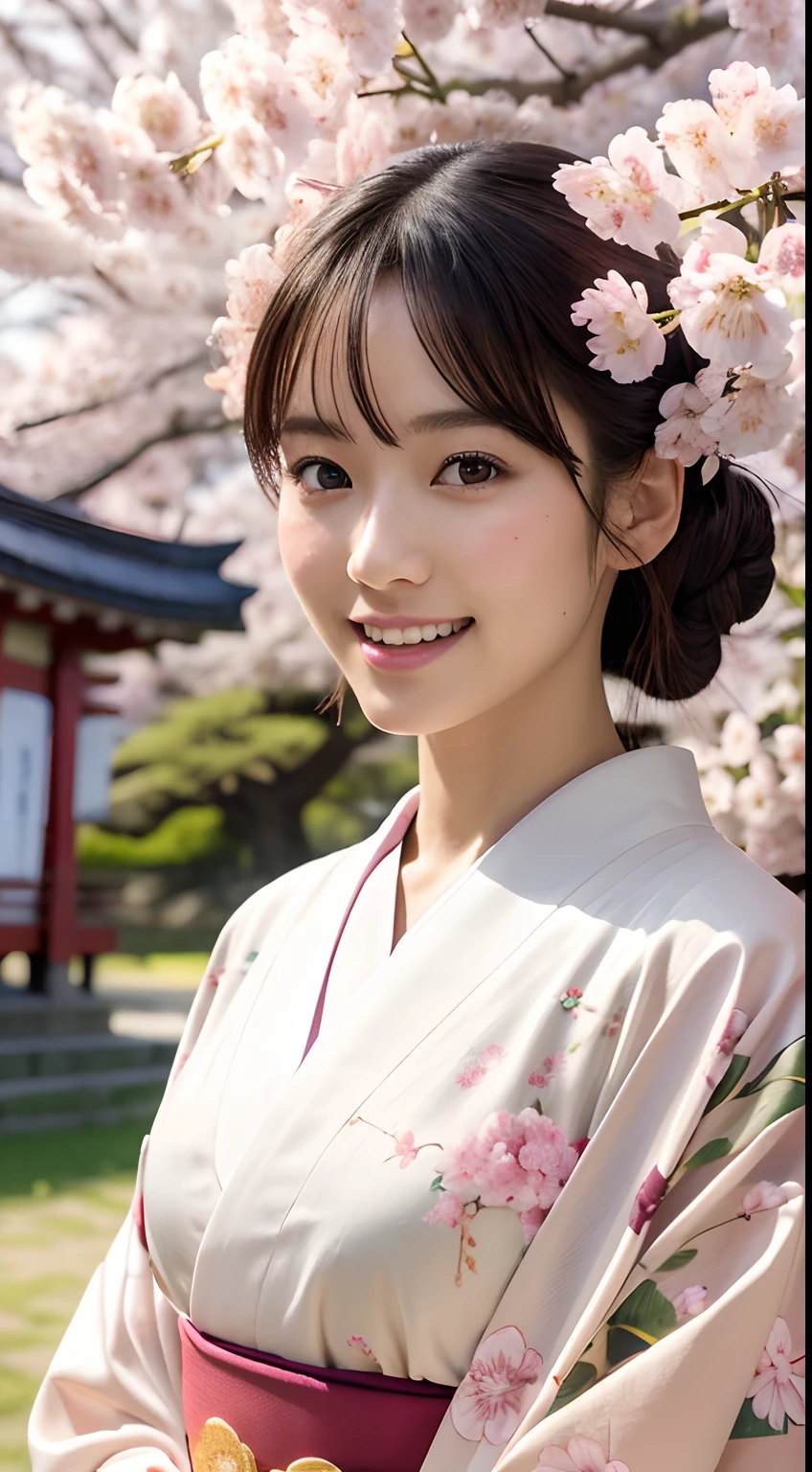 Professional Lighting,(Photorealsitic:1.4), (Top image quality:1.0), (超A high resolution:1.0), 8K, Raw photography, (​masterpiece:0.2), (pureerosface_v1:0.5)、(Best Quality Detail:1.2)、realisitic、8K UHD、hight resolution、(1girl in:1.2)、The ultra-detailliert、High quality textures、intricate detailes、detaileds、Very detailed CG、High quality shadows、Detail Beautiful delicate face、Detail Beautiful delicate eyes、(Symmetrical eyes:1.2),depth of fields、Ray traching,1girl in, japanaese girl, (Natural smile:1.4),Cute, slender, Portrait of a beautiful Japan woman in kimono, Stand in a graceful posture at a traditional shrine. The kimono is vivid with traditional patterns, Hair decorated with elegant and delicate kanzashi, and a gentle expression. (Against the backdrop of a shrine with cherry blossoms in full bloom:1.4)、Soft light on a spring afternoon、Adds tranquility to the scene. Render in a realistic style with meticulous attention to detail, high resolution images.skyporn, Magic Hour, (Realistic:1.3), Finely detailed, quality, (masutepiece:1.2), (Photorealistic:1.2), (Best Quality), (Intricate details), Dramatic, Ray tracing, photograph, +Lola