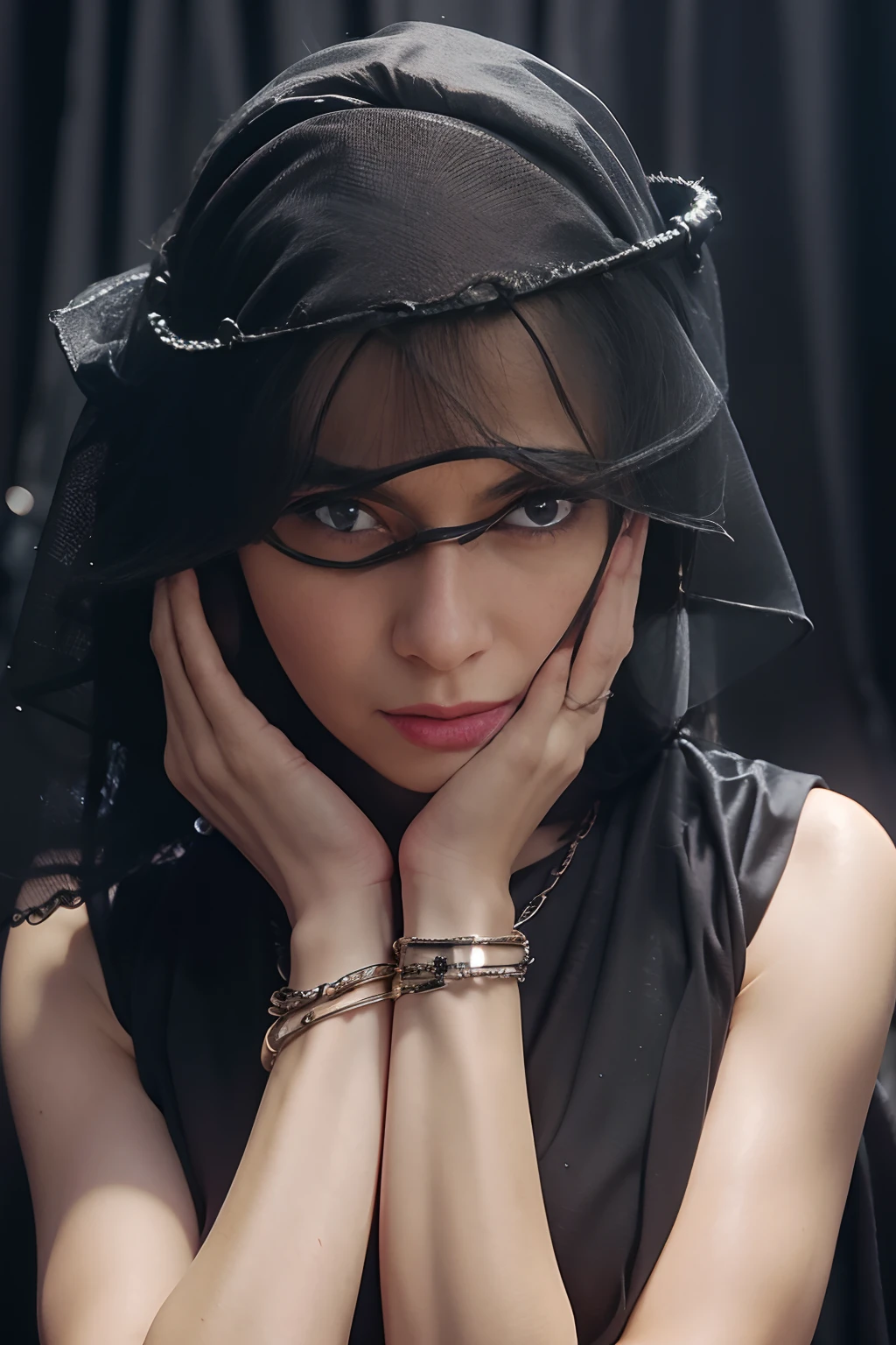 Black background, Close-up portrait of 1 girl, fetters, 独奏, Black Dress, Jewelry, veil, Choker, Rings, Own hands together, Halo