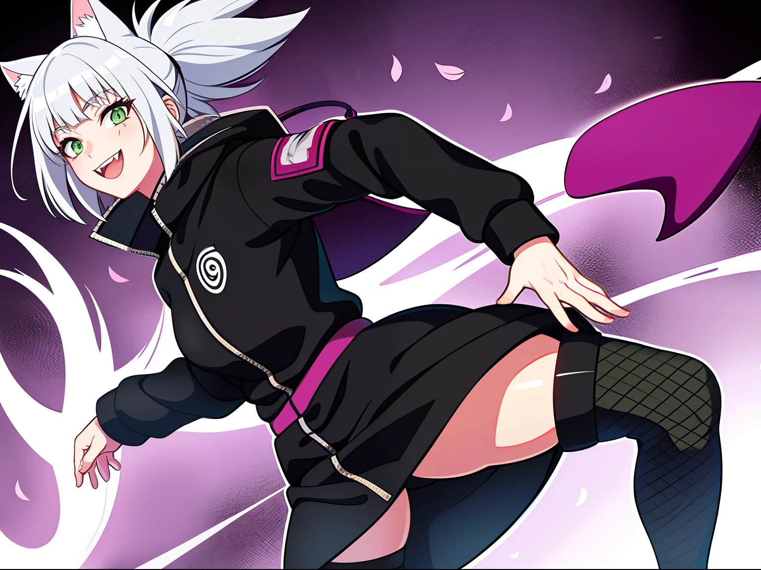 SFW, ultra 4k hd, absurdres, anime, naruto, white hair, lavender hair, gray hair, silver hair, neko, green eyes, ninja, short hair, chubby, medium breasts, messy hair, gray hair, cat ears, catgirl, nekomimi, cat tail, forehead protector, kunoichi, hair between eyes, silver hair, anime style, fullbody, eye scar, smiling, fangs, 1girl, naruto shippuden, solo, baggy clothes, alone, forest, village, akatsuki, leaf village, konoha, 1fang, cloak, fishnets, v bangs, bangs, fluffy, dark clothes, purple clothes, clothing design, ninja fashion, light eyes, scar over eye, light green eyes, scars