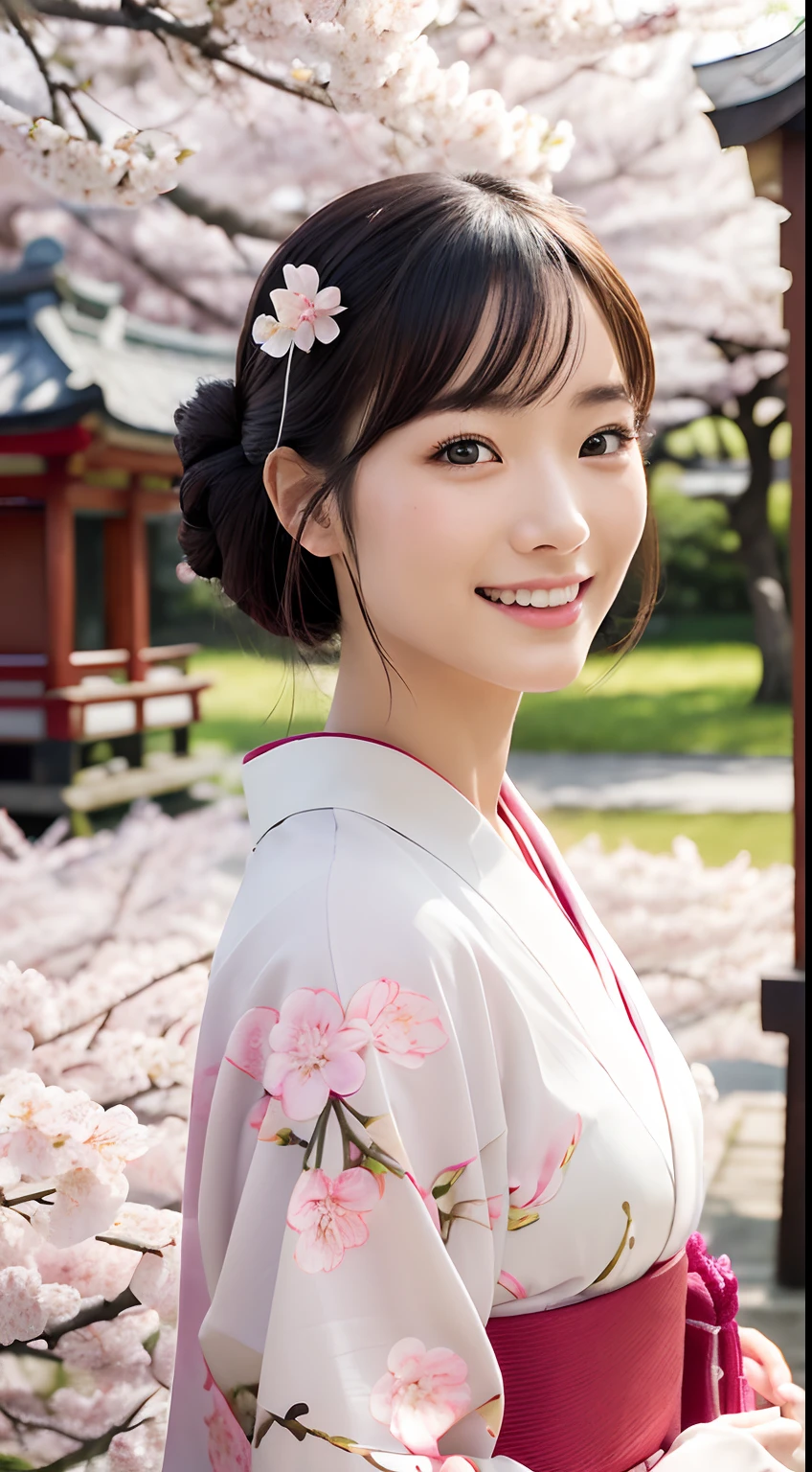 Professional Lighting,(Photorealsitic:1.4), (Top image quality:1.0), (超A high resolution:1.0), 8K, Raw photography, (​masterpiece:0.2), (pureerosface_v1:0.5)、(Best Quality Detail:1.2)、realisitic、8K UHD、hight resolution、(1girl in:1.2)、The ultra-detailliert、High quality textures、intricate detailes、detaileds、Very detailed CG、High quality shadows、Detail Beautiful delicate face、Detail Beautiful delicate eyes、(Symmetrical eyes:1.2),depth of fields、Ray traching,1girl in, japanaese girl, (Natural smile:1.4),Cute, slender, Portrait of a beautiful Japan woman in kimono, Stand in a graceful posture at a traditional shrine. The kimono is vivid with traditional patterns, Hair decorated with elegant and delicate kanzashi, and a gentle expression. (Against the backdrop of a shrine with cherry blossoms in full bloom:1.4)、Soft light on a spring afternoon、Adds tranquility to the scene. Render in a realistic style with meticulous attention to detail, high resolution images.skyporn, Magic Hour, (Realistic:1.3), Finely detailed, quality, (masutepiece:1.2), (Photorealistic:1.2), (Best Quality), (Intricate details), Dramatic, Ray tracing, photograph, +Lola
