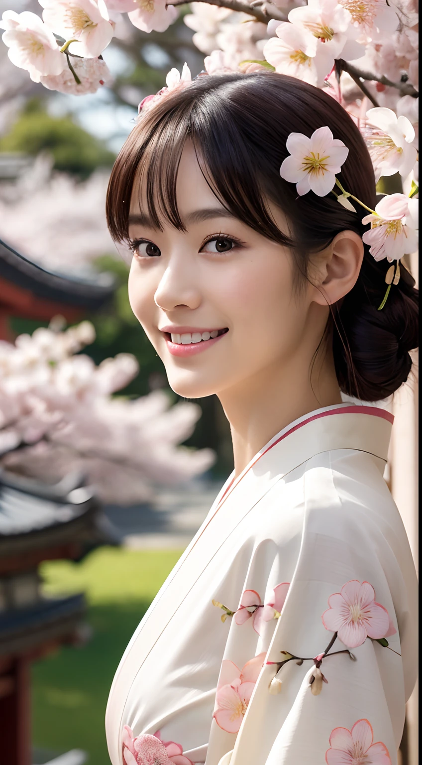 Professional Lighting,(Photorealsitic:1.4), (Top image quality:1.0), (超A high resolution:1.0), 8K, Raw photography, (​masterpiece:0.2), (pureerosface_v1:0.5)、(Best Quality Detail:1.2)、realisitic、8K UHD、hight resolution、(1girl in:1.2)、The ultra-detailliert、High quality textures、intricate detailes、detaileds、Very detailed CG、High quality shadows、Detail Beautiful delicate face、Detail Beautiful delicate eyes、(Symmetrical eyes:1.2),depth of fields、Ray traching,1girl in, japanaese girl, (Natural smile:1.4),Cute, slender, Portrait of a beautiful Japan woman in kimono, Stand in a graceful posture at a traditional shrine. The kimono is vivid with traditional patterns, Hair decorated with elegant and delicate kanzashi, and a gentle expression. (Against the backdrop of a shrine with cherry blossoms in full bloom:1.4)、Soft light on a spring afternoon、Adds tranquility to the scene. Render in a realistic style with meticulous attention to detail, high resolution images.skyporn, Magic Hour, (Realistic:1.3), Finely detailed, quality, (masutepiece:1.2), (Photorealistic:1.2), (Best Quality), (Intricate details), Dramatic, Ray tracing, photograph, +Lola