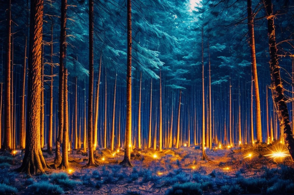 forest at night, (fireflies), blue tone