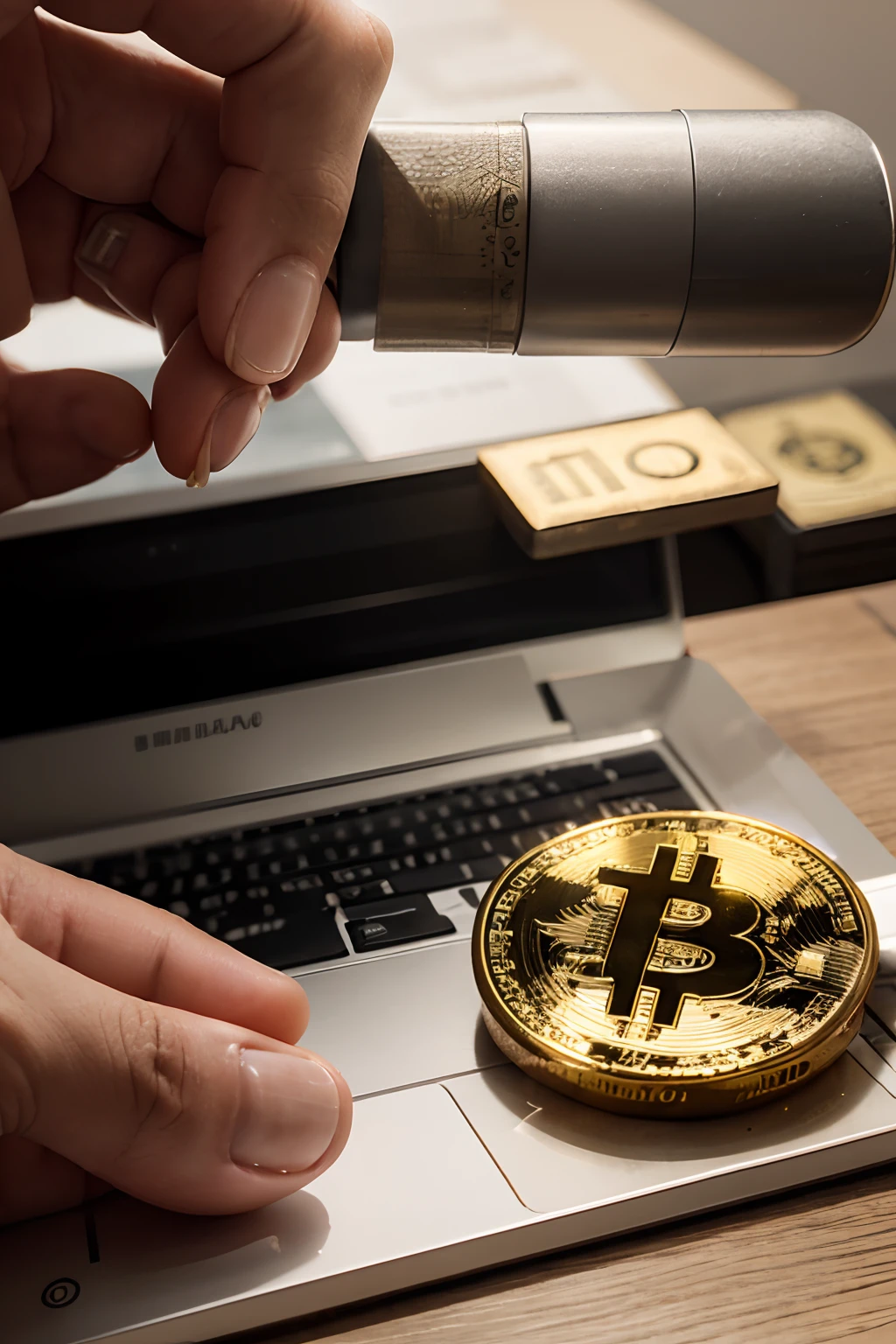 design a thumbnail about trading, include bitcoin elements and make it as creative as possible, include dollar bills in the background