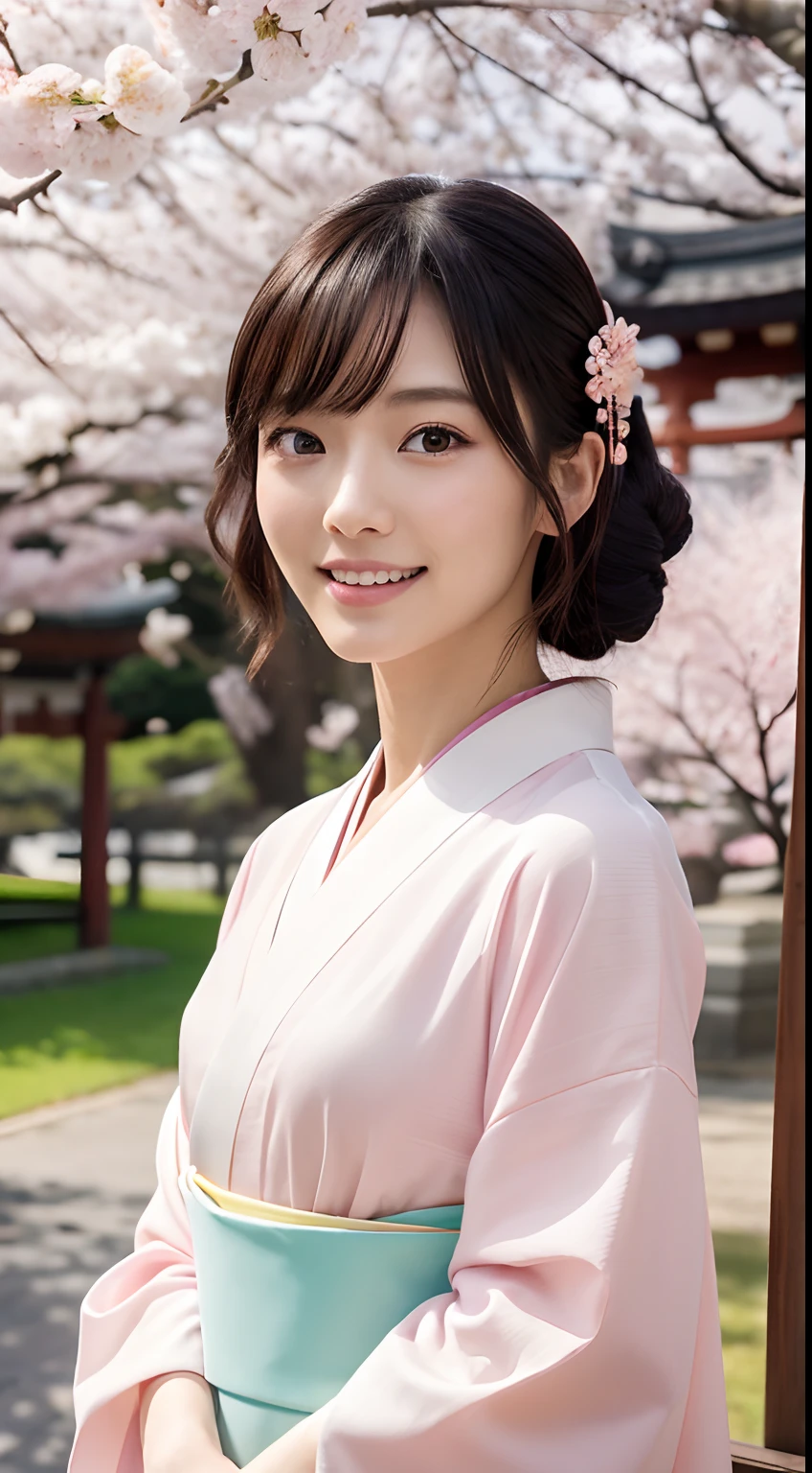 Professional Lighting,(Photorealsitic:1.4), (Top image quality:1.0), (超A high resolution:1.0), 8K, Raw photography, (masterpiece:0.2), (pureerosface_v1:0.5)、(Best Quality Detail:1.2)、realisitic、8K UHD、hight resolution、(1girl in:1.2)、The ultra-detailliert、High quality textures、intricate detailes、detaileds、Very detailed CG、High quality shadows、Detail Beautiful delicate face、Detail Beautiful delicate eyes、(Symmetrical eyes:1.2),depth of fields、Ray traching,1girl in, japanaese girl, (Natural smile:1.4),Cute, slender, Portrait of a beautiful Japan woman in kimono, Stand in a graceful posture at a traditional shrine. The kimono is vivid with traditional patterns, Hair decorated with elegant and delicate kanzashi, and a gentle expression. (Against the backdrop of a shrine with cherry blossoms in full bloom:1.4)、Soft light on a spring afternoon、Adds tranquility to the scene. Render in a realistic style with meticulous attention to detail, high resolution images.skyporn, Magic Hour, (Realistic:1.3), Finely detailed, quality, (masutepiece:1.2), (Photorealistic:1.2), (Best Quality), (Intricate details), Dramatic, Ray tracing, photograph, +Lola