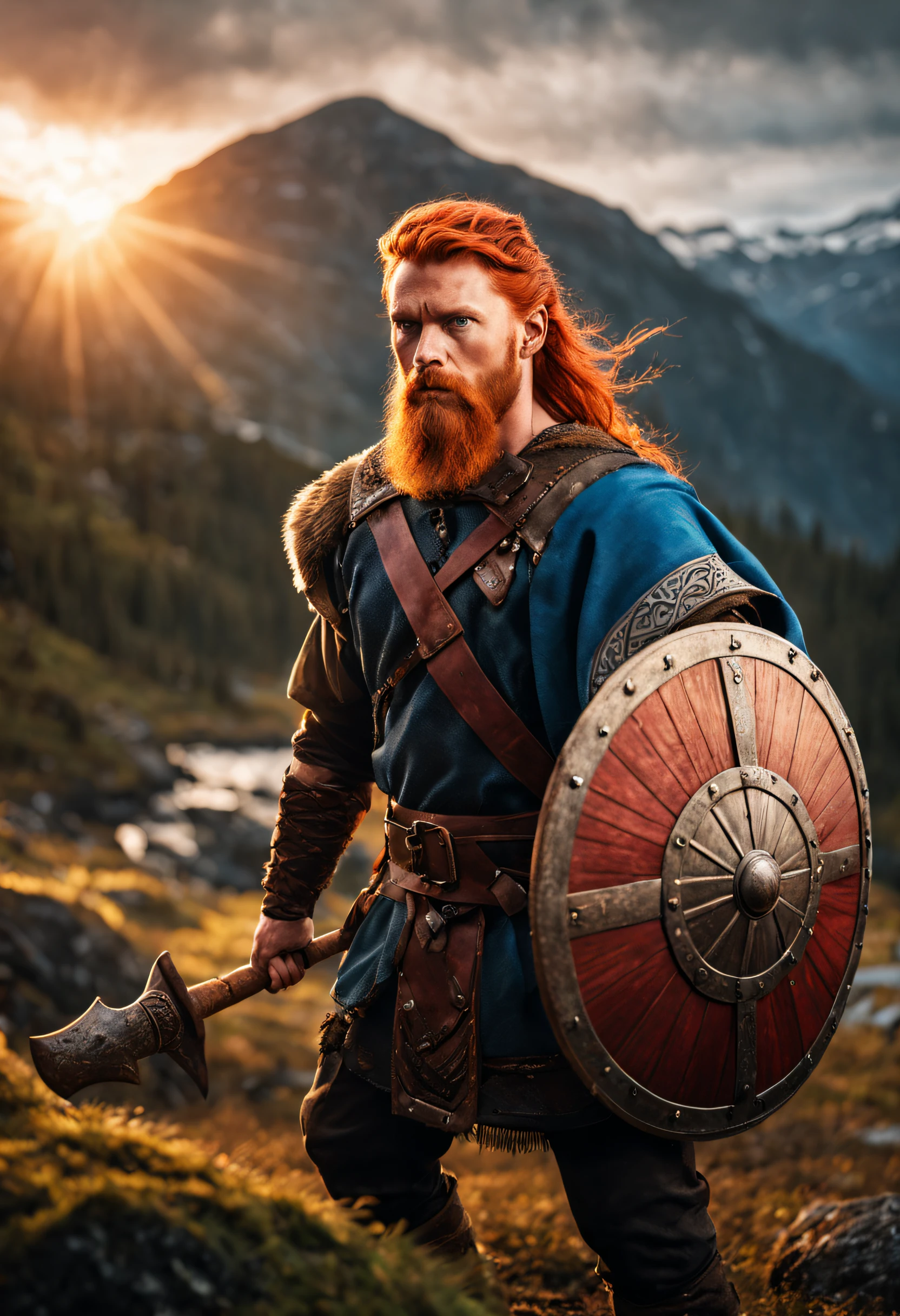 Beautiful Viking warrior with red hair, blue eyes, carrying an axe and a shield with an action pose, with a background of a Norwegian forest, in a sunset., cinematic lighting, drop shadow, masterpiece, super detail, award winning, 8k