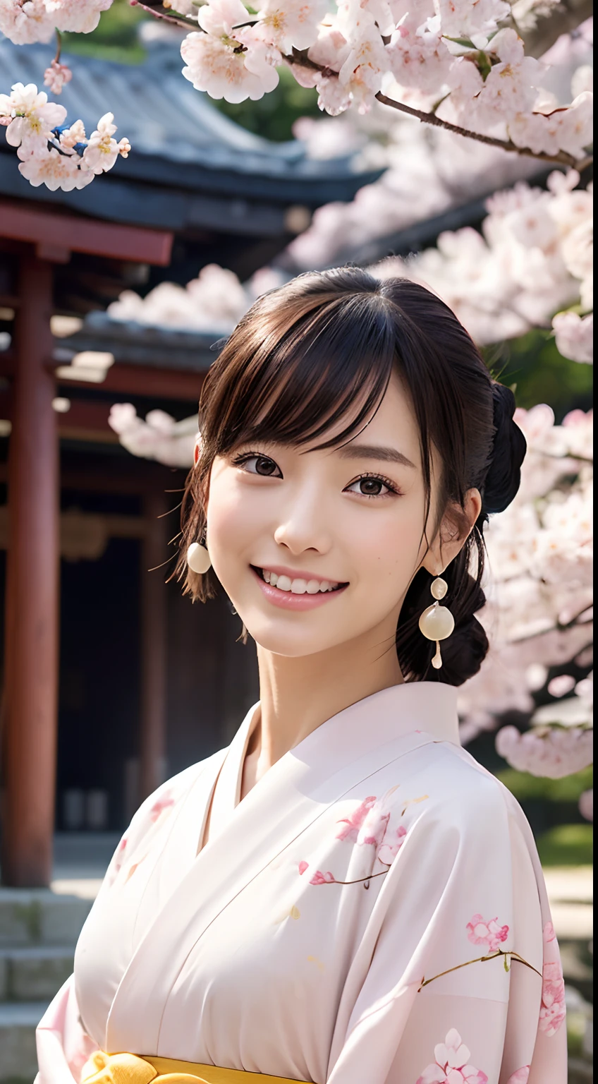 Professional Lighting,(Photorealsitic:1.4), (Top image quality:1.0), (超A high resolution:1.0), 8K, Raw photography, (masterpiece:0.2), (pureerosface_v1:0.5)、(Best Quality Detail:1.2)、realisitic、8K UHD、hight resolution、(1girl in:1.2)、The ultra-detailliert、High quality textures、intricate detailes、detaileds、Very detailed CG、High quality shadows、Detail Beautiful delicate face、Detail Beautiful delicate eyes、(Symmetrical eyes:1.2),depth of fields、Ray traching,1girl in, japanaese girl, (Natural smile:1.4),Cute, slender, Portrait of a beautiful Japan woman in kimono, Stand in a graceful posture at a traditional shrine. The kimono is vivid with traditional patterns, Hair decorated with elegant and delicate kanzashi, and a gentle expression. (Against the backdrop of a shrine with cherry blossoms in full bloom:1.4)、Soft light on a spring afternoon、Adds tranquility to the scene. Render in a realistic style with meticulous attention to detail, high resolution images.skyporn, Magic Hour, (Realistic:1.3), Finely detailed, quality, (masutepiece:1.2), (Photorealistic:1.2), (Best Quality), (Intricate details), Dramatic, Ray tracing, photograph, +Lola