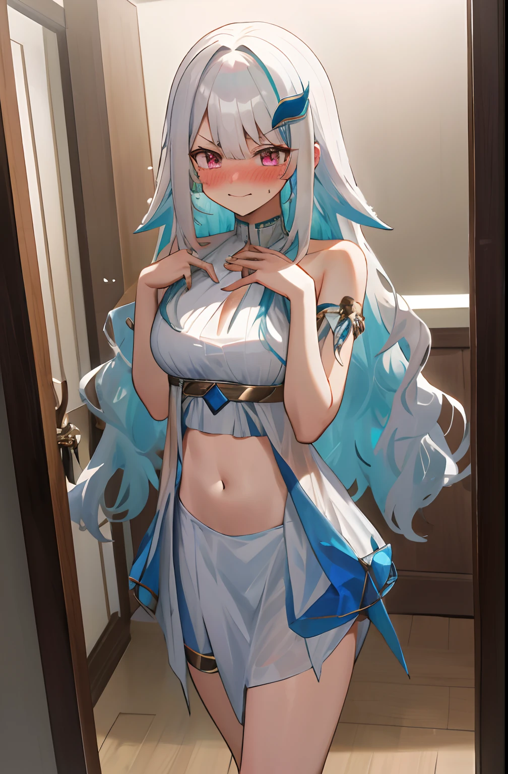One girl with long wavy hair, white hair, looking at viewer, embarrassed, blushing, tears, indoor, greek dress, naked, stomach, medium breasts, breasts, midriff, thigh, perfect waist, noon atmosphere, hair ornament, standing, (embarrassed:1.0)