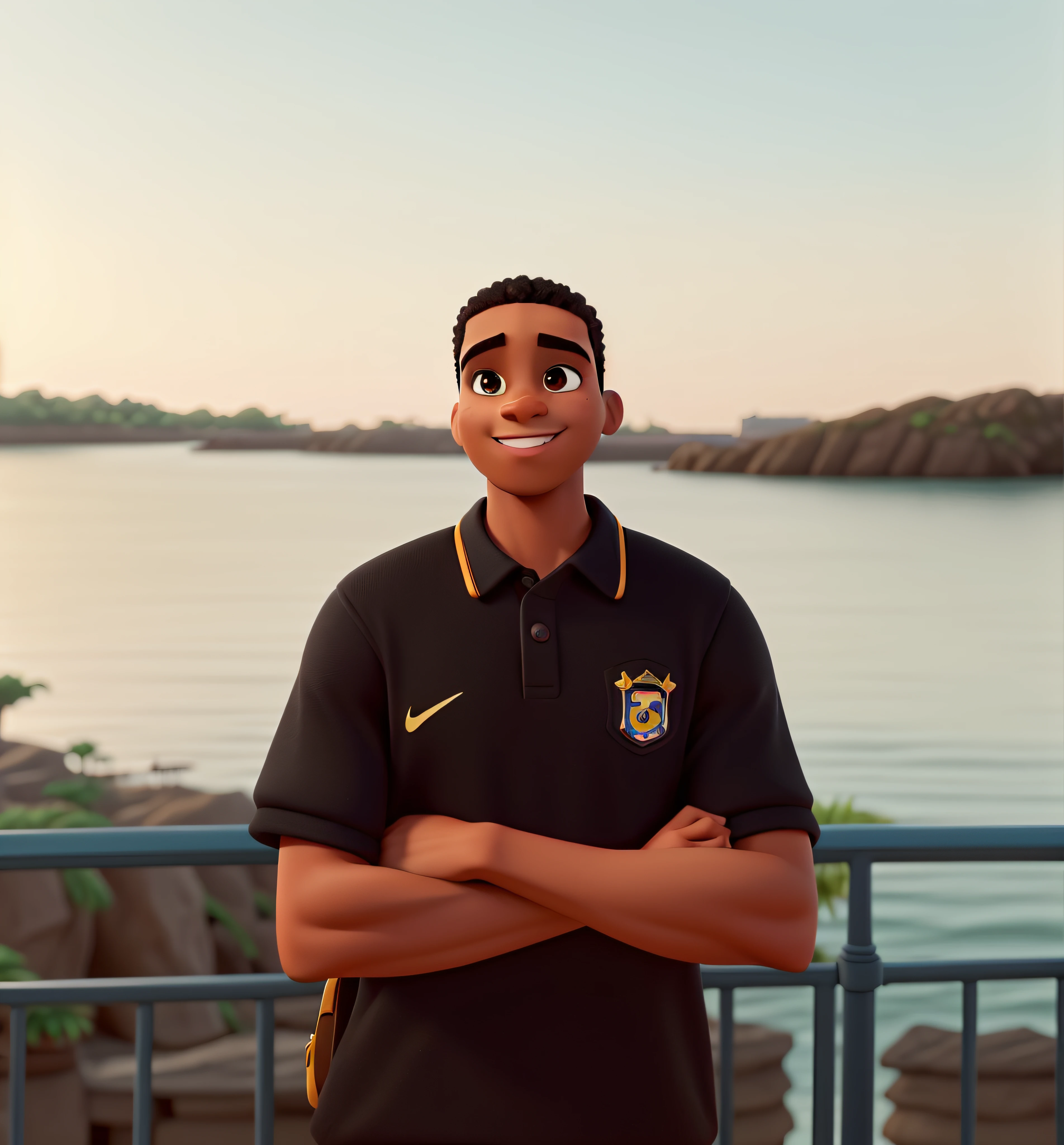 Um jovem negro com cabelo crespo e curto, estilo disney pixar, alta qualidade, melhor qualidade