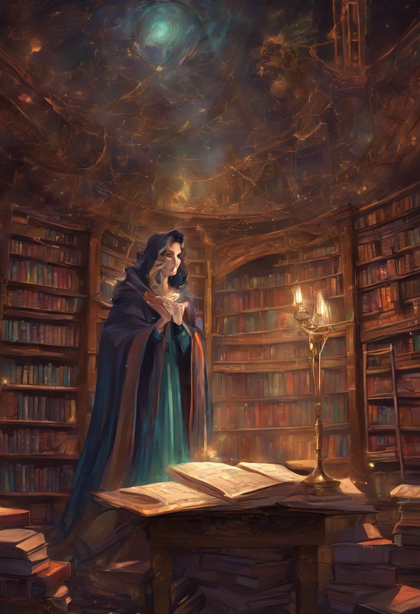 (Inside Enchanted Magical Library, A beautiful librarian, sexy, mysterious, woman, Very beautiful, perfect face, perfect eyes, looking at the camera—a figure draped in an enigmatic cloak,Large beautiful Librarian, with shimmering, glowing books, Magical, sparkling walls,fantasy,Leonora Carrington,a fantasy moonlight filtering through,Rich in color,assignment,light and shadow effect,k hd,tmasterpiece,Detailed details,depth of fields