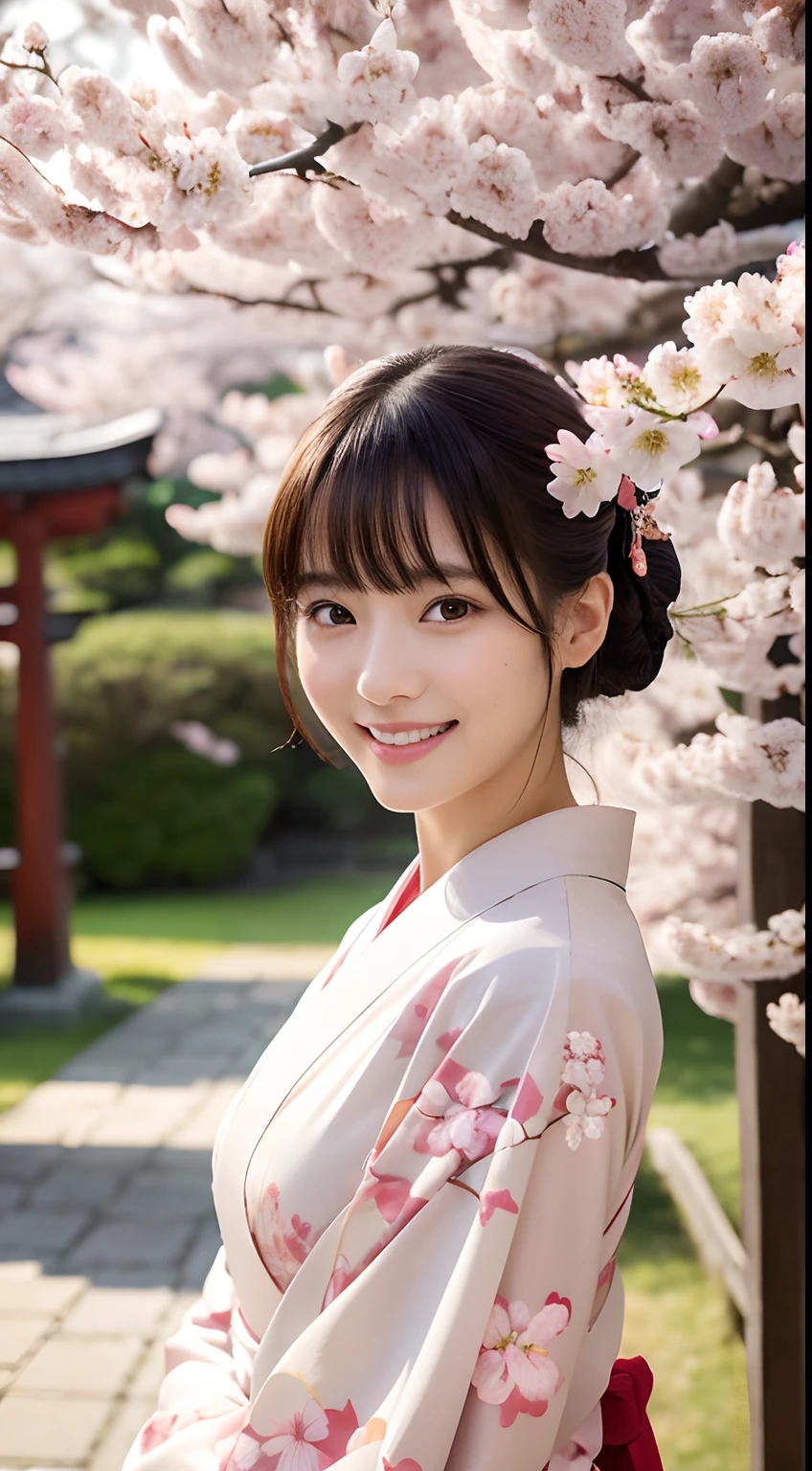 Professional Lighting,(Photorealsitic:1.4), (Top image quality:1.0), (超A high resolution:1.0),(Composition that captures the whole body:1.4),8K, Raw photography, (masterpiece:0.2), (pureerosface_v1:0.5)、(Best Quality Detail:1.2)、realisitic、8K UHD、hight resolution、(1girl in:1.2)、The ultra-detailliert、High quality textures、intricate detailes、detaileds、Very detailed CG、High quality shadows、Detail Beautiful delicate face、Detail Beautiful delicate eyes、(Symmetrical eyes:1.2),depth of fields、Ray traching,1girl in, japanaese girl, (Natural smile:1.4),Cute, slender, Portrait of a beautiful Japan woman in kimono, Stand in a graceful posture at a traditional shrine. The kimono is vivid with traditional patterns, Hair decorated with elegant and delicate kanzashi, and a gentle expression. (Against the backdrop of a shrine with cherry blossoms in full bloom:1.4)、Soft light on a spring afternoon、Adds tranquility to the scene. Render in a realistic style with meticulous attention to detail, high resolution images.skyporn, Magic Hour, (Realistic:1.3), Finely detailed, quality, (masutepiece:1.2), (Photorealistic:1.2), (Best Quality), (Intricate details), Dramatic, Ray tracing, photograph, +Lola