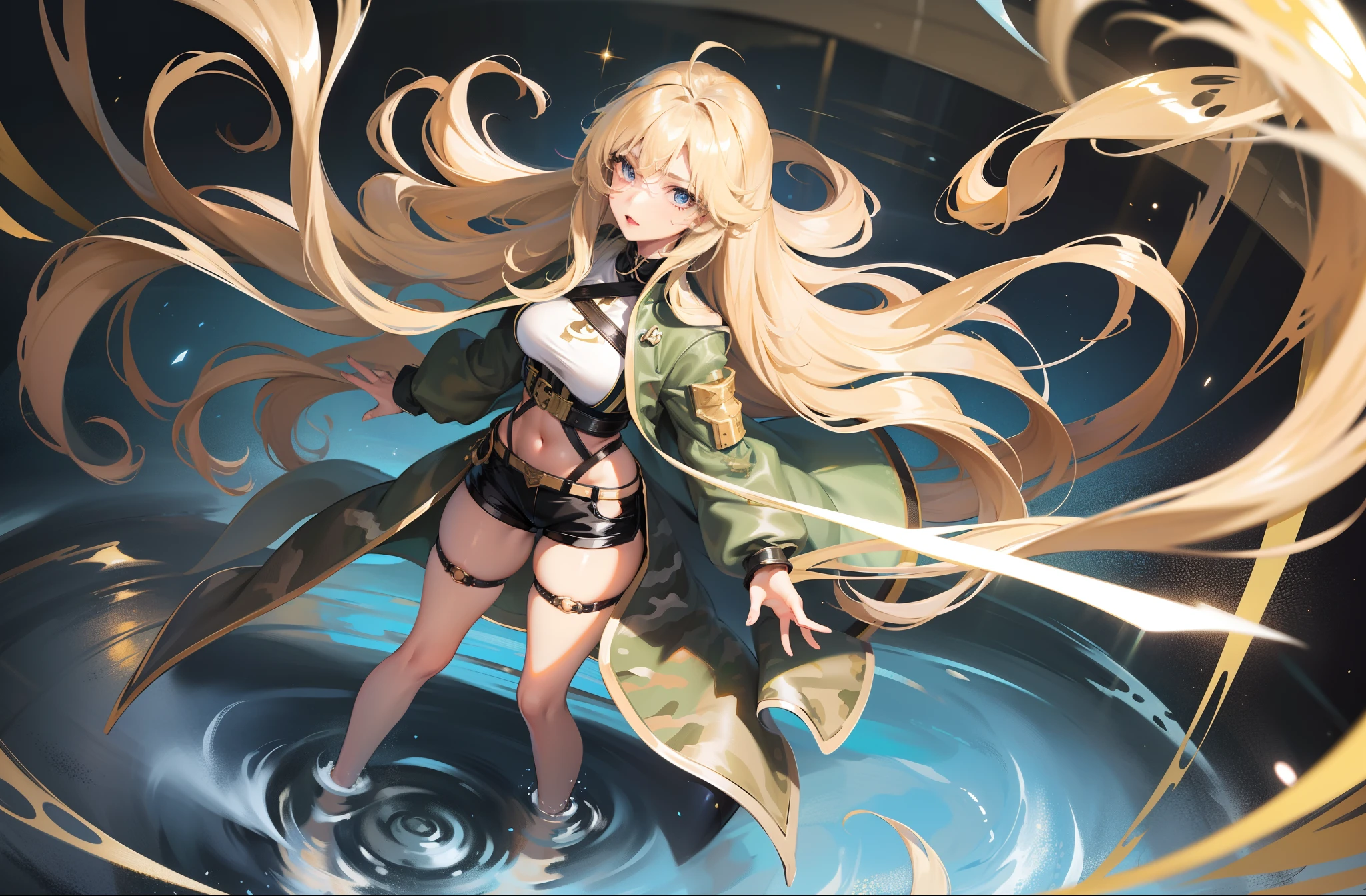 1 girl, mature girl, masterpiece, best quality, detailed eyes, sparkling eyes, highly detailed hands, shiny skin, shiny hair, blue eyes, light blonde hair, tall, long hair, straight hair, full body, best quality, shiny skin, shiny hair, sweaty, shorts, camouflage jacket, midriff, standing