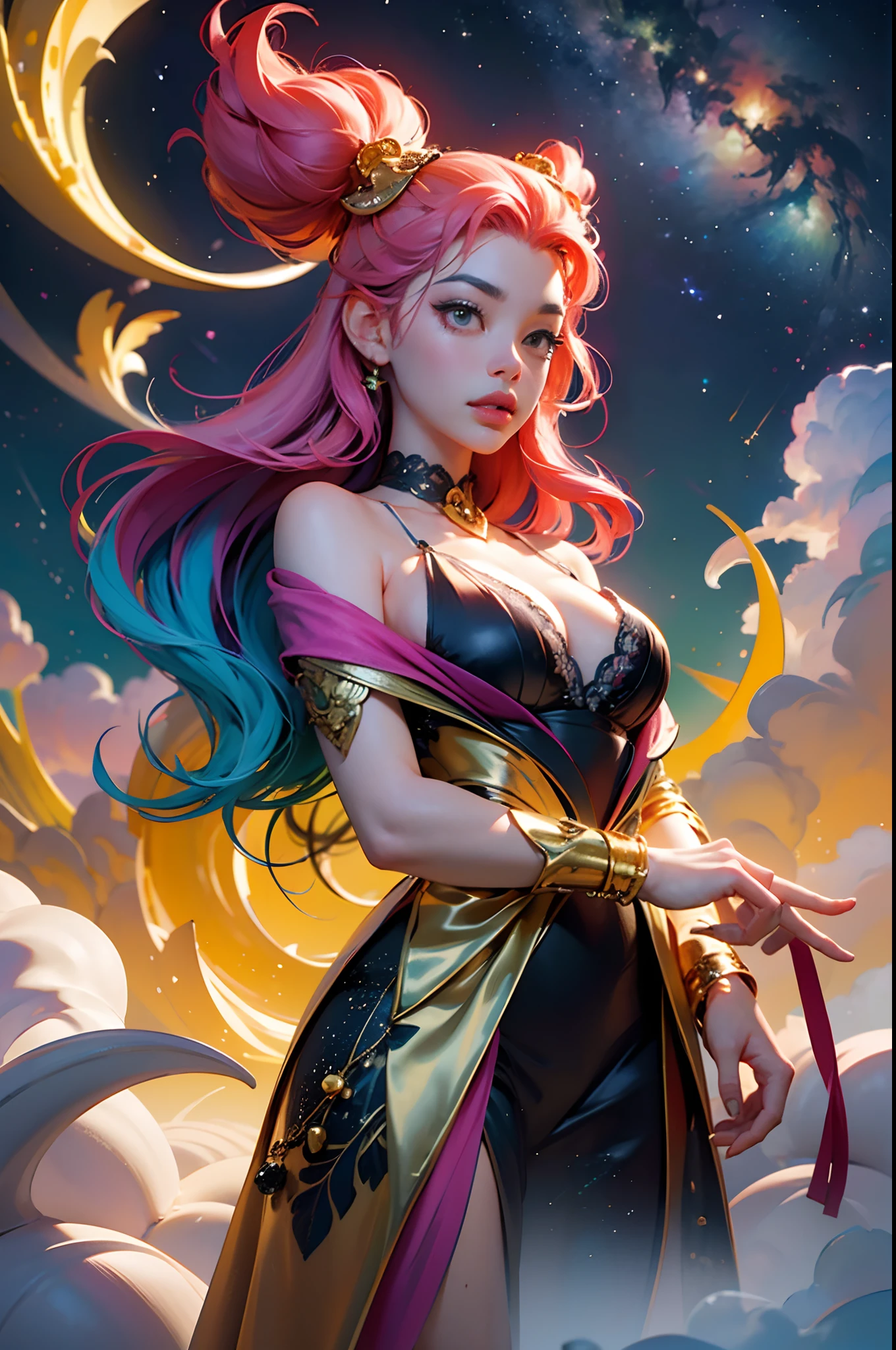 Girl standing in the clouds staring up as the stars, stars floating around her, brilliant colors, amazing swirls of cosmic dust, colorful vibrant, light particles, Create digital artwork in the Pop Art style, Featuring a vibrant and confident young Asian girl，street fashion (breast), Movie color scheme, Surrounded by vintage flower motifs, Vibrant brushstrokes,Emotions should be dynamic, Upper body, Drawing, illustration, escala cinza, tropical, Many flowers,