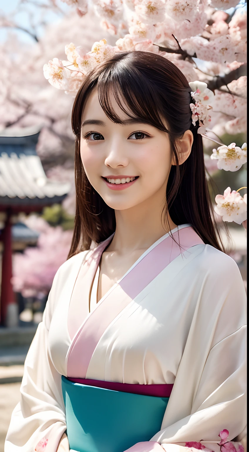 Professional Lighting,(Photorealsitic:1.4), (Top image quality:1.0), (超A high resolution:1.0),(Composition that captures the whole body:1.4),8K, Raw photography, (masterpiece:0.2), (pureerosface_v1:0.5)、(Best Quality Detail:1.2)、realisitic、8K UHD、hight resolution、(1girl in:1.2)、The ultra-detailliert、High quality textures、intricate detailes、detaileds、Very detailed CG、High quality shadows、Detail Beautiful delicate face、Detail Beautiful delicate eyes、(Symmetrical eyes:1.2),depth of fields、Ray traching,1girl in, japanaese girl, (Natural smile:1.4),Cute, slender, Portrait of a beautiful Japan woman in kimono, Stand in a graceful posture at a traditional shrine. The kimono is vivid with traditional patterns, Hair decorated with elegant and delicate kanzashi, and a gentle expression. (Against the backdrop of a shrine with cherry blossoms in full bloom:1.4)、Soft light on a spring afternoon、Adds tranquility to the scene. Render in a realistic style with meticulous attention to detail, high resolution images.skyporn, Magic Hour, (Realistic:1.3), Finely detailed, quality, (masutepiece:1.2), (Photorealistic:1.2), (Best Quality), (Intricate details), Dramatic, Ray tracing, photograph, +Lola