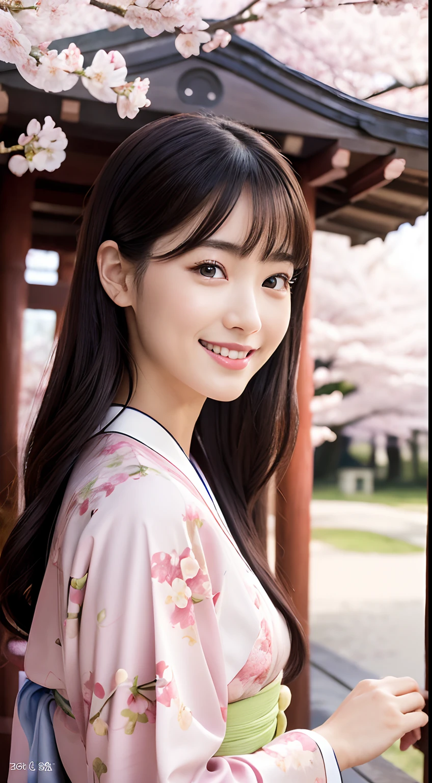 Professional Lighting,(Photorealsitic:1.4), (Top image quality:1.0), (超A high resolution:1.0),(Composition that captures the whole body:1.4),8K, Raw photography, (masterpiece:0.2), (pureerosface_v1:0.5)、(Best Quality Detail:1.2)、realisitic、8K UHD、hight resolution、(1girl in:1.2)、The ultra-detailliert、High quality textures、intricate detailes、detaileds、Very detailed CG、High quality shadows、Detail Beautiful delicate face、Detail Beautiful delicate eyes、(Symmetrical eyes:1.2),depth of fields、Ray traching,1girl in, japanaese girl, (Natural smile:1.4),Cute, slender, Portrait of a beautiful Japan woman in kimono, Stand in a graceful posture at a traditional shrine. The kimono is vivid with traditional patterns, Hair decorated with elegant and delicate kanzashi, and a gentle expression. (Against the backdrop of a shrine with cherry blossoms in full bloom:1.4)、Soft light on a spring afternoon、Adds tranquility to the scene. Render in a realistic style with meticulous attention to detail, high resolution images.skyporn, Magic Hour, (Realistic:1.3), Finely detailed, quality, (masutepiece:1.2), (Photorealistic:1.2), (Best Quality), (Intricate details), Dramatic, Ray tracing, photograph, +Lola