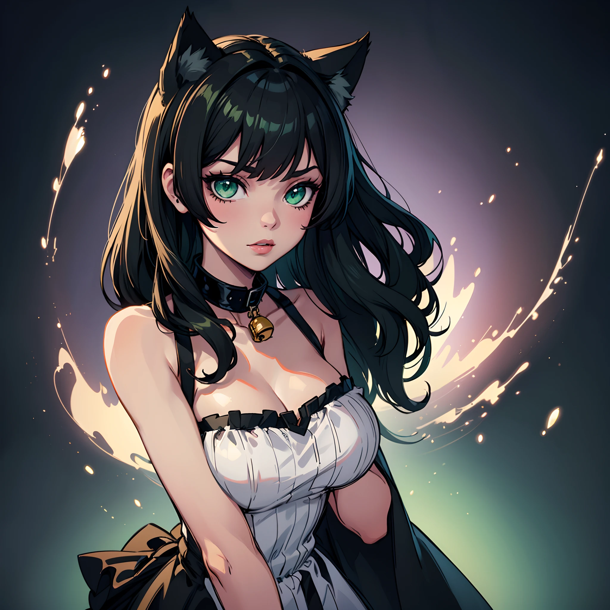 (best quality,ultra-detailed:1.2), green eyes, long black hair, black dress, solo pose, neko style, sparkling background, dreamy lighting, vibrant colors, soft pastel tones, has cat ears, wearing collar with bell on it