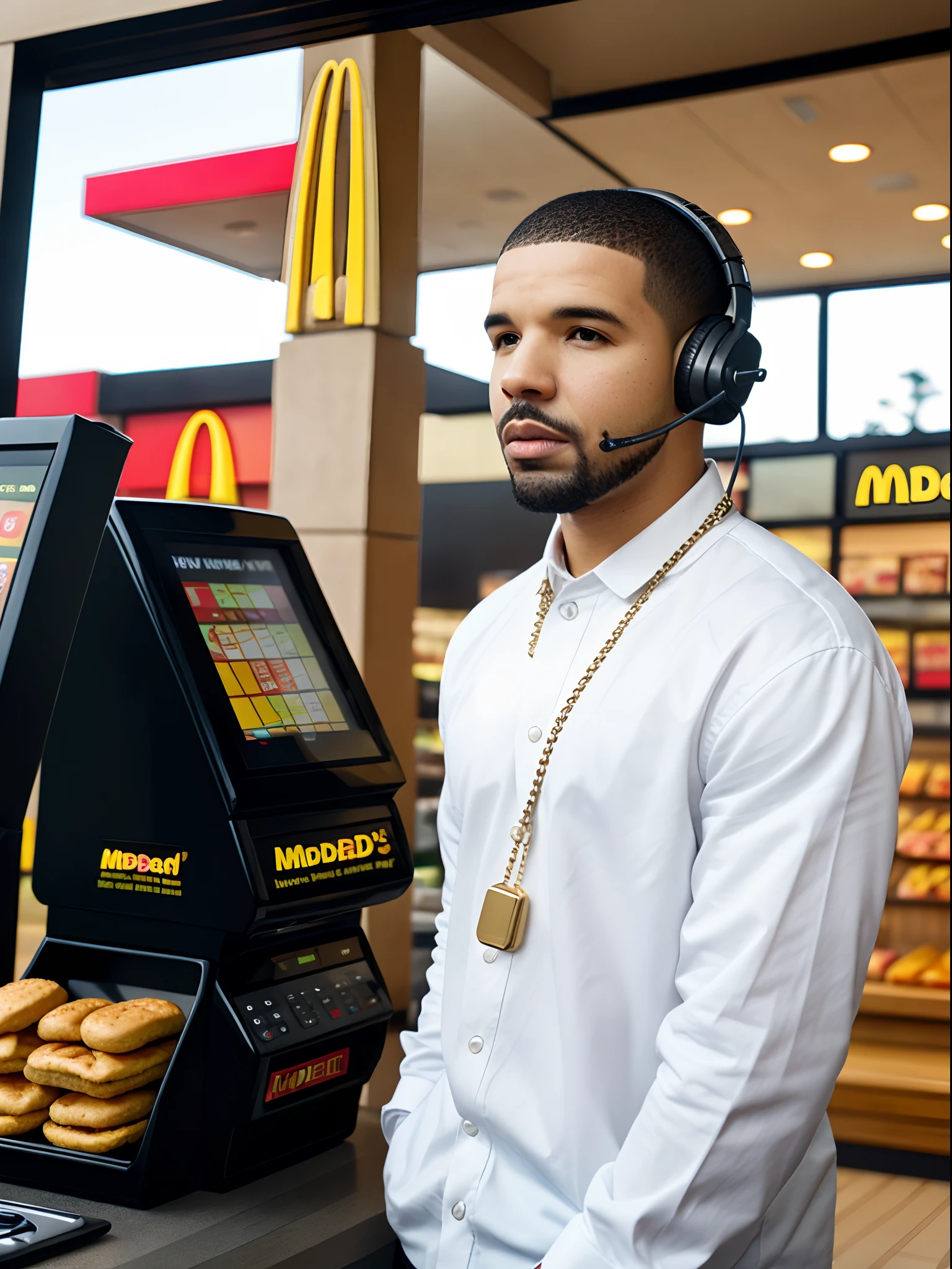 rapper drake wearing chains while working the drive thru of a mcdonald's with a drive thru headset on his head and a mcdonald's uniform