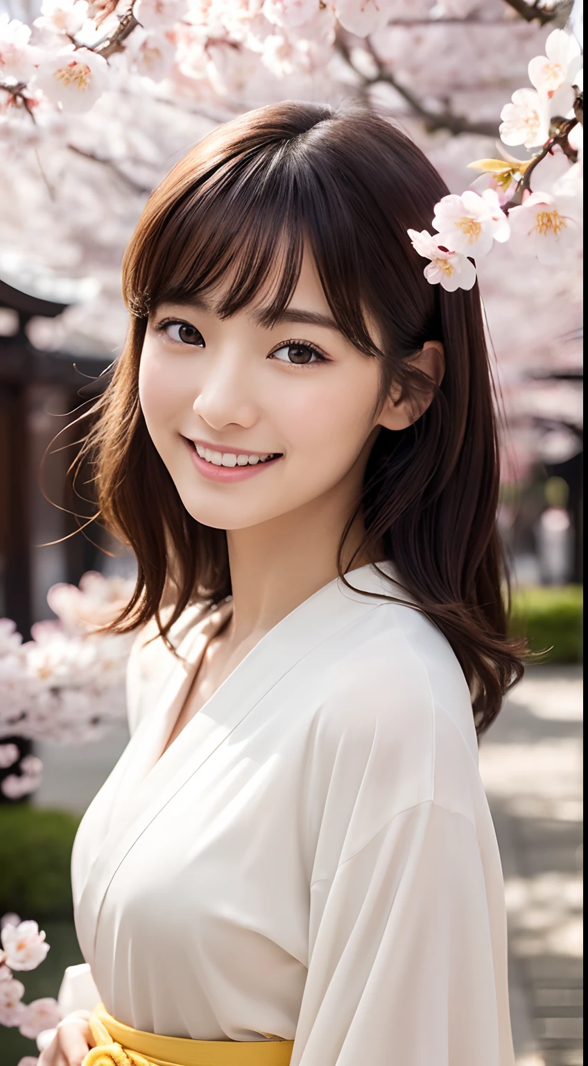Professional Lighting,(Photorealsitic:1.4), (Top image quality:1.0), (超A high resolution:1.0),(Composition that captures the whole body:1.4),8K, Raw photography, (masterpiece:0.2), (pureerosface_v1:0.5)、(Best Quality Detail:1.2)、realisitic、8K UHD、hight resolution、(1girl in:1.2)、The ultra-detailliert、High quality textures、intricate detailes、detaileds、Very detailed CG、High quality shadows、Detail Beautiful delicate face、Detail Beautiful delicate eyes、(Symmetrical eyes:1.2),depth of fields、Ray traching,1girl in, japanaese girl, (Natural smile:1.4),Cute, slender, Portrait of a beautiful Japan woman in kimono, Stand in a graceful posture at a traditional shrine. The kimono is vivid with traditional patterns, and a gentle expression. (Against the backdrop of a shrine with cherry blossoms in full bloom:1.4)、Shooting from above at an angle、Soft light on a spring afternoon、Adds tranquility to the scene. ((A little wind blows, Hair flutters, And the petals of the cherry blossoms flutter:1.4)),Render in a realistic style with meticulous attention to detail, high resolution images.skyporn, Magic Hour, (Realistic:1.3), Finely detailed, quality, (masutepiece:1.2), (Photorealistic:1.2), (Best Quality), (Intricate details), Dramatic, Ray tracing, photograph, +Lola