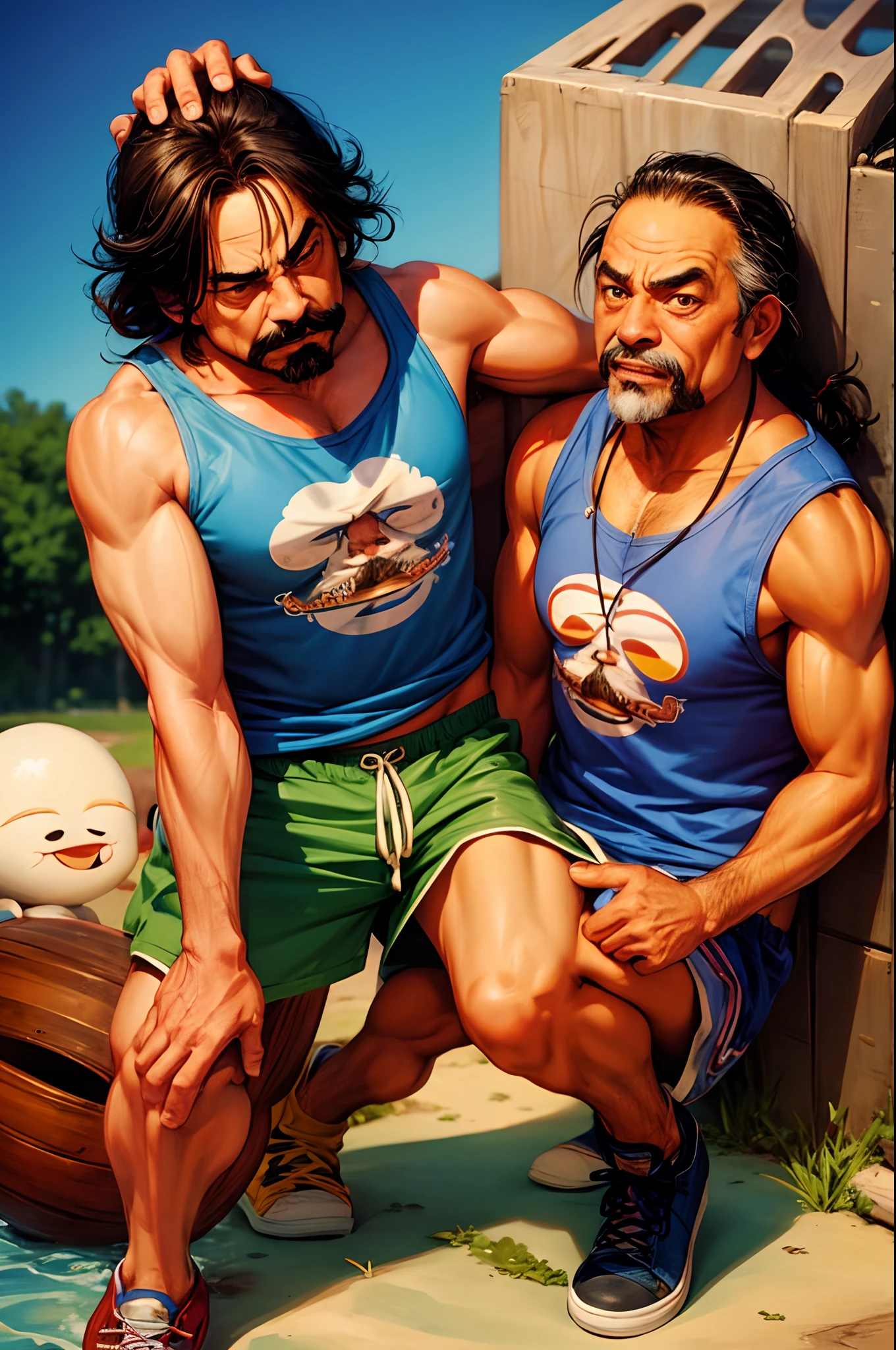 Super muscular adult boar beastman,(Wear Hawaiian costumes:1.7),(Surrounded by erect men:1.2),(a large amount of semen on the face and body,:1.8),Southern Island,(Deep Throat:1.5),scrotum,Brown fur,Black hair and beard,Kneeling,Tattoo,Big cock,Masked