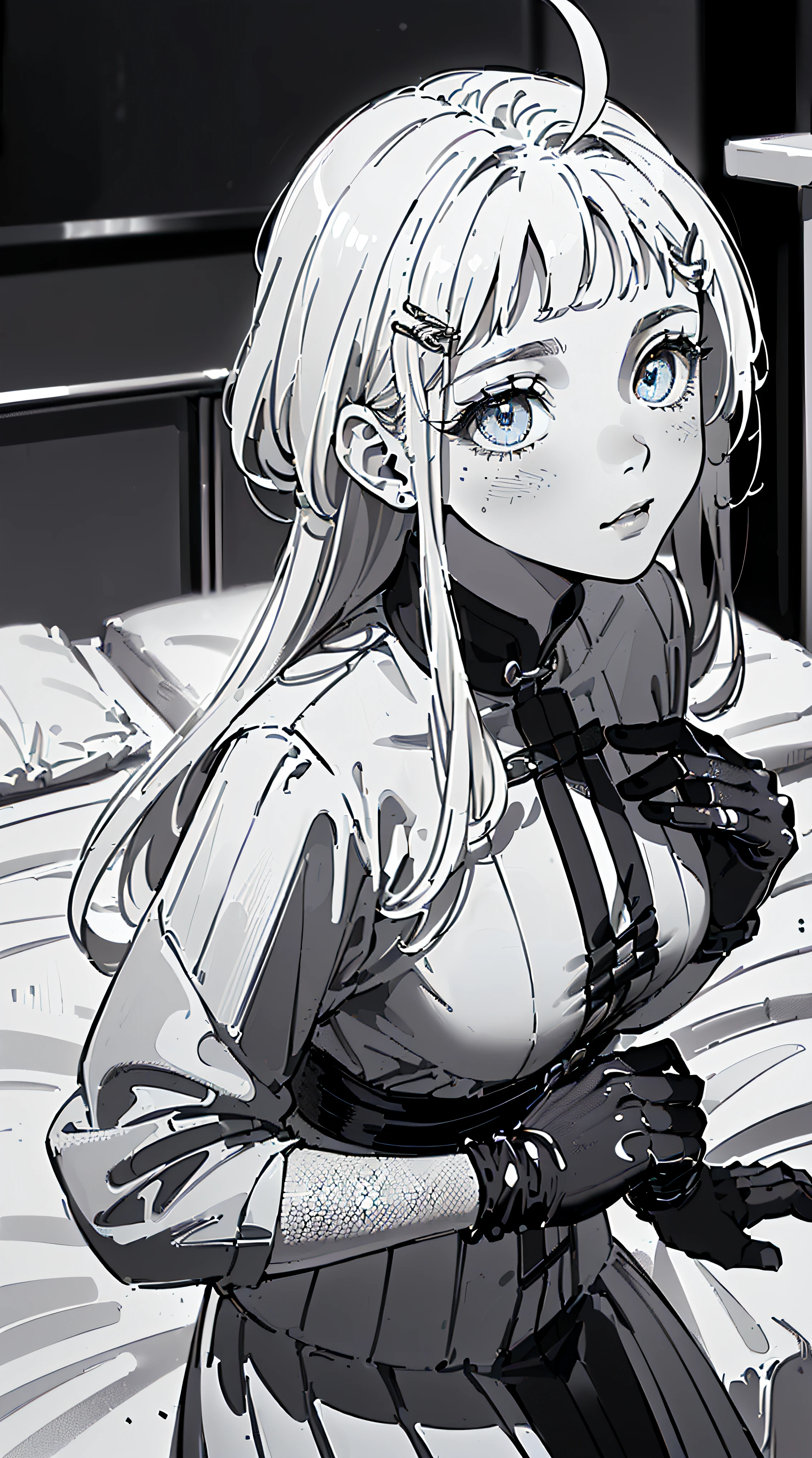 (((((((monochromatic world, using only shades of black and white,)))))(((otokoyaku,))) (((blush:1.7,baggy gloves))), (geometric:1.1), ((1girl,under-aged,amazing,seductive girl，Solo，from above,))(Masterpiece,Best quality, offcial art, Beautiful and aesthetic:1.2),((超高分辨率,Golden ratio,)) (16k),((on bed,sagging breasts)),(Physically-based rendering),Sharp focus, (((highdetailskin,))),Intricately detailed clothing，Delicate pupils,heart pupils,white hair,danfeng eye,((((detailed hair|middle hair|blunt bangs|Long bold side bang|ahoge)))),Slender,(masterpiece sidelighting),(The sheen),(beautiful hair,beautiful eyes,）((unbelievable Ridiculous quality,blur background,)),((extremely_Detailed_Eyes_and_face)),Movie girl,(Dynamic configuration: 1.2),Brilliant,Glossy, (Photorealistic), ((hairclip)), two-sided fabric,disheveled hair,Ultra-precise depiction, Ultra-detailed depiction,