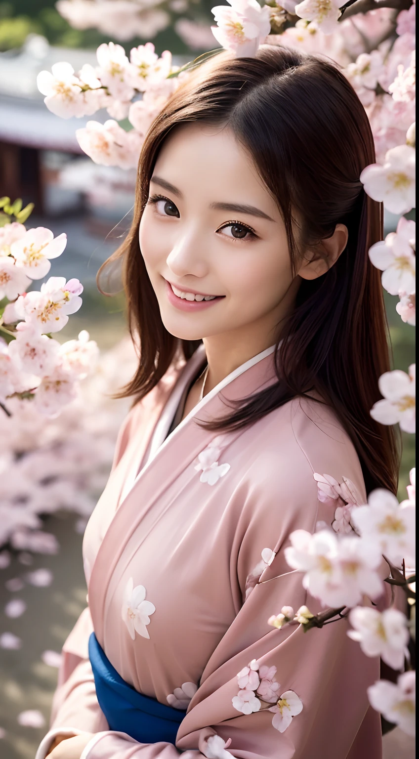 Professional Lighting,(Photorealsitic:1.4), (Top image quality:1.0), (超A high resolution:1.0),(Composition that captures the whole body:1.4),8K, Raw photography, (masterpiece:0.2), (pureerosface_v1:0.5)、(Best Quality Detail:1.2)、realisitic、8K UHD、hight resolution、(1girl in:1.2)、The ultra-detailliert、High quality textures、intricate detailes、detaileds、Very detailed CG、High quality shadows、(Shooting from above at an angle:1.4),Detail Beautiful delicate face、Detail Beautiful delicate eyes、(Symmetrical eyes:1.2),depth of fields、Ray traching,1girl in, japanaese girl, (Natural smile:1.4),Cute, slender, Portrait of a beautiful Japan woman in kimono, Stand in a graceful posture at a traditional shrine. The kimono is vivid with traditional patterns, and a gentle expression. (Against the backdrop of a shrine with cherry blossoms in full bloom:1.4)、Soft light on a spring afternoon、Adds tranquility to the scene. ((A little wind blows, Hair flutters, And the petals of the cherry blossoms flutter:1.4)),Render in a realistic style with meticulous attention to detail, high resolution images.skyporn, Magic Hour, (Realistic:1.3), Finely detailed, quality, (masutepiece:1.2), (Photorealistic:1.2), (Best Quality), (Intricate details), Dramatic, Ray tracing, photograph, +Lola