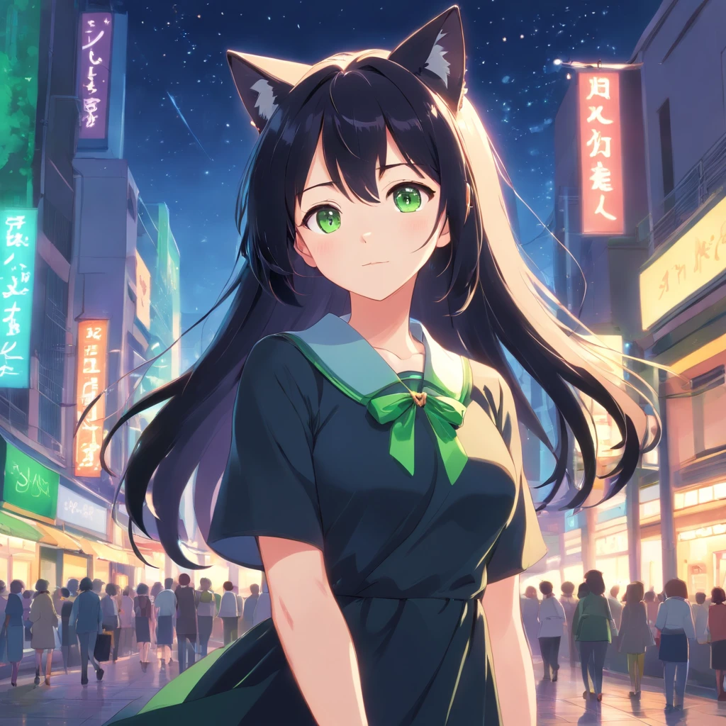 (best quality,ultra-detailed:1.2), green eyes, long black hair, black dress, solo pose, neko style, sparkling background, dreamy lighting, vibrant colors, soft pastel tones, has cat ears, wearing collar with bell on it