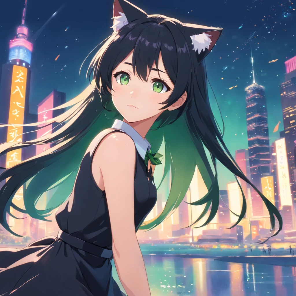 (best quality,ultra-detailed:1.2), green eyes, long black hair, black dress, solo pose, neko style, sparkling background, dreamy lighting, vibrant colors, soft pastel tones, has cat ears, wearing collar with bell on it