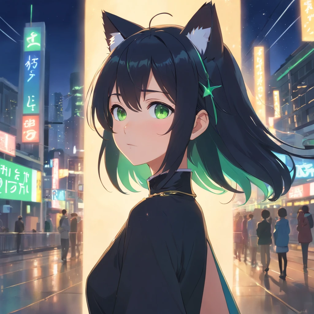 (best quality,ultra-detailed:1.2), green eyes, long black hair, black dress, solo pose, neko style, sparkling background, dreamy lighting, vibrant colors, soft pastel tones, has cat ears, wearing collar with bell on it